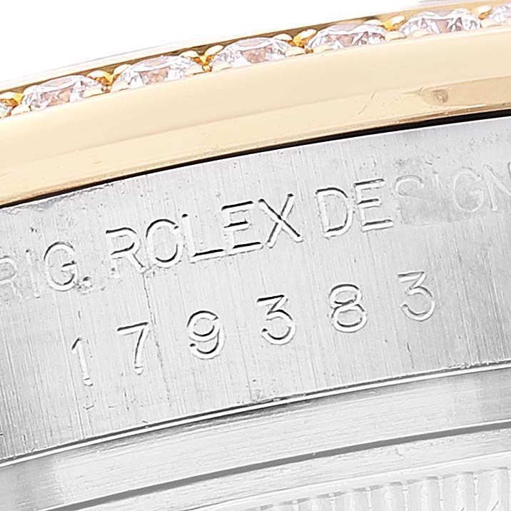 Close-up of the engraved caseback showing the model number and part of the diamond-set bezel of a Rolex Datejust 179383 Women's Steel and Gold (two tone) Silver Dial 179383 Women's Steel and Gold (two tone) Silver Dial watch.