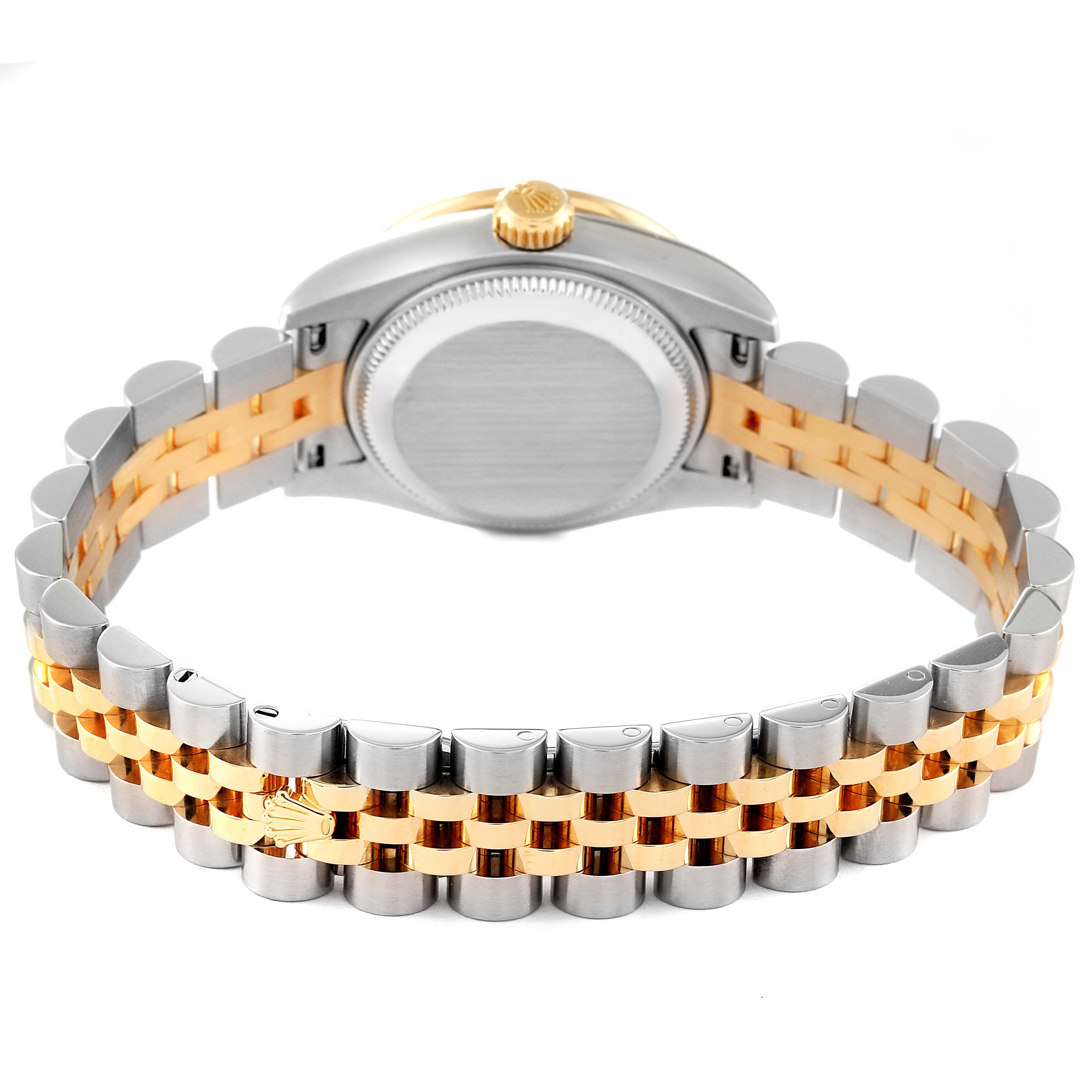 The image shows the back view of a Rolex Datejust 179383 Women's Steel and Gold (two tone) Silver Dial 179383 Women's Steel and Gold (two tone) Silver Dial watch, highlighting its two-tone metal bracelet and case back.