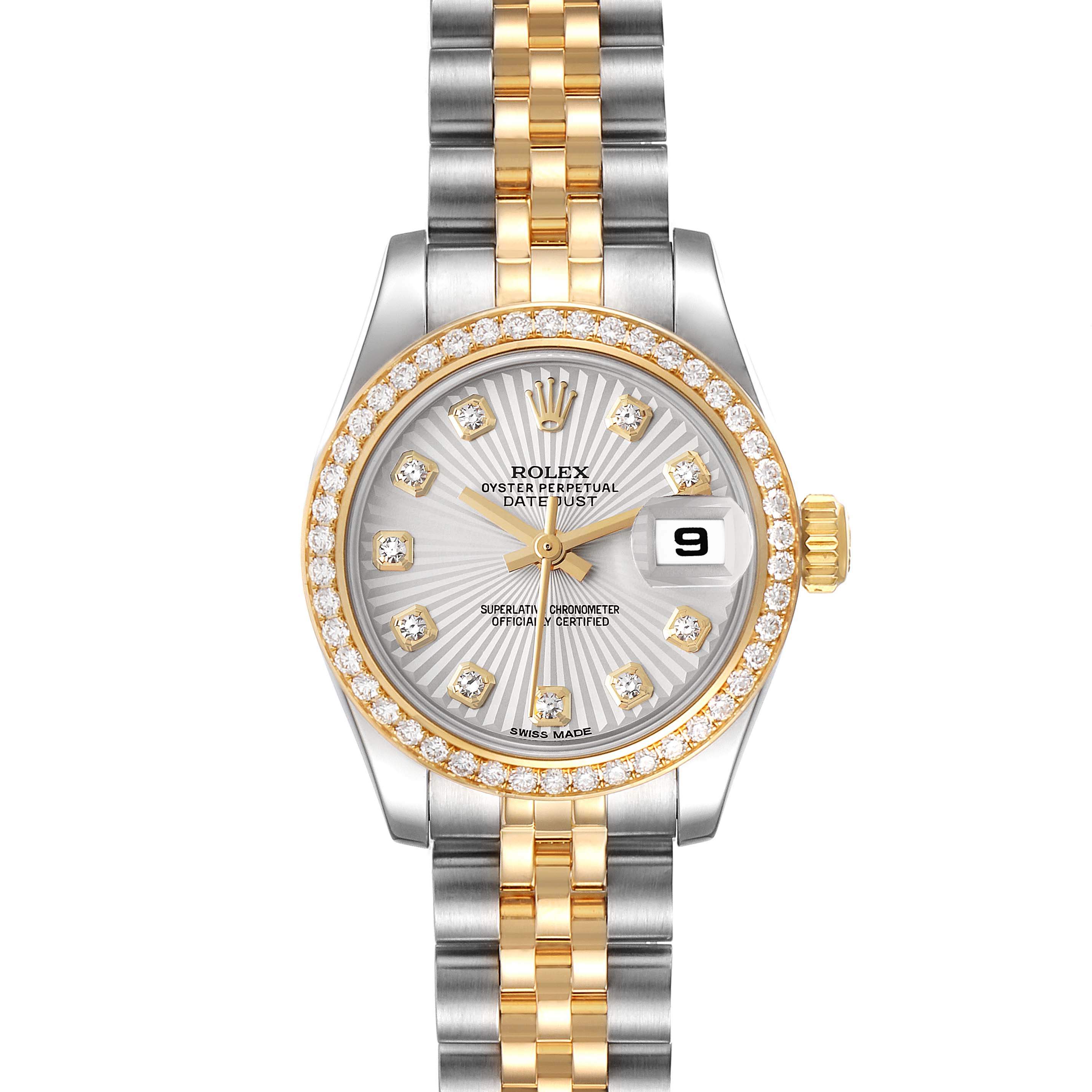 The Rolex Datejust 179383 Women's Steel and Gold (two tone) Silver Dial 179383 Women's Steel and Gold (two tone) Silver Dial watch is shown from a top-down angle, displaying its face, bezel, and part of the bracelet.