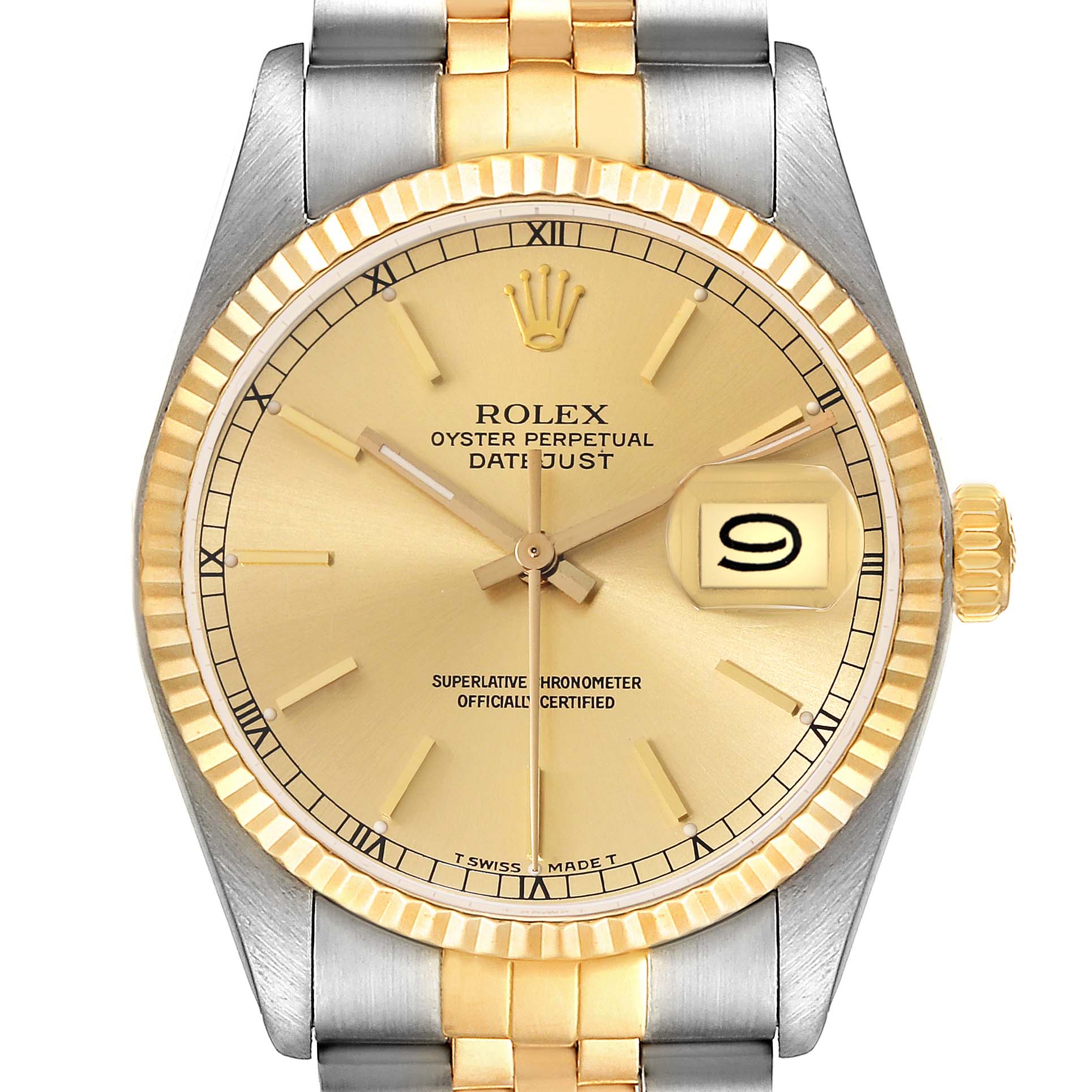 The Rolex Vintage Collection 16013 Men's Steel and Gold (two tone) Champagne Dial 16013 Men's Steel and Gold (two tone) Champagne Dial watch is shown front-facing, displaying the dial, hands, bezel, crown, and bracelet.