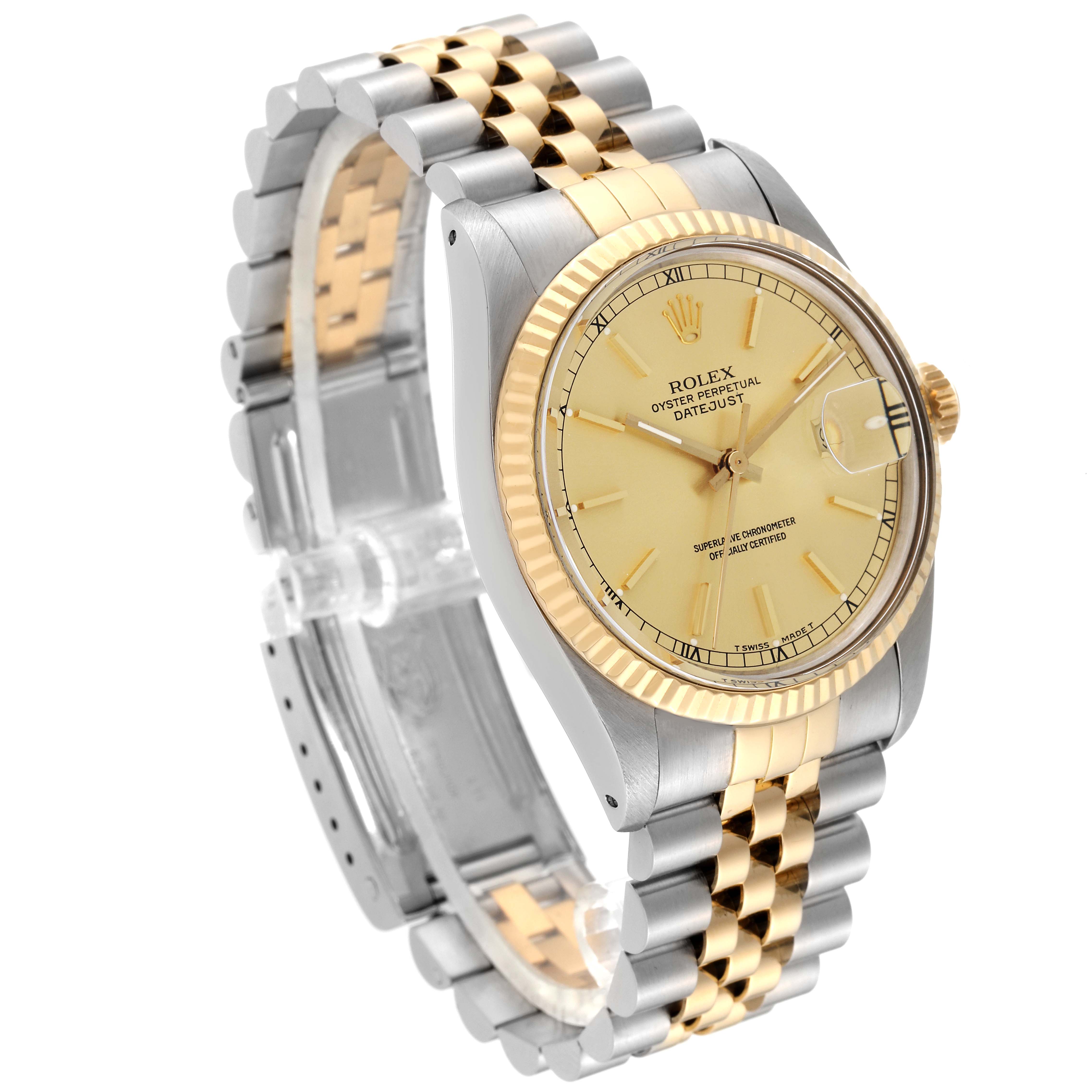 The image shows a Rolex Vintage Collection 16013 Men's Steel and Gold (two tone) Champagne Dial 16013 Men's Steel and Gold (two tone) Champagne Dial model watch at an angled view, highlighting its bezel, dial, crown, and two-tone bracelet.