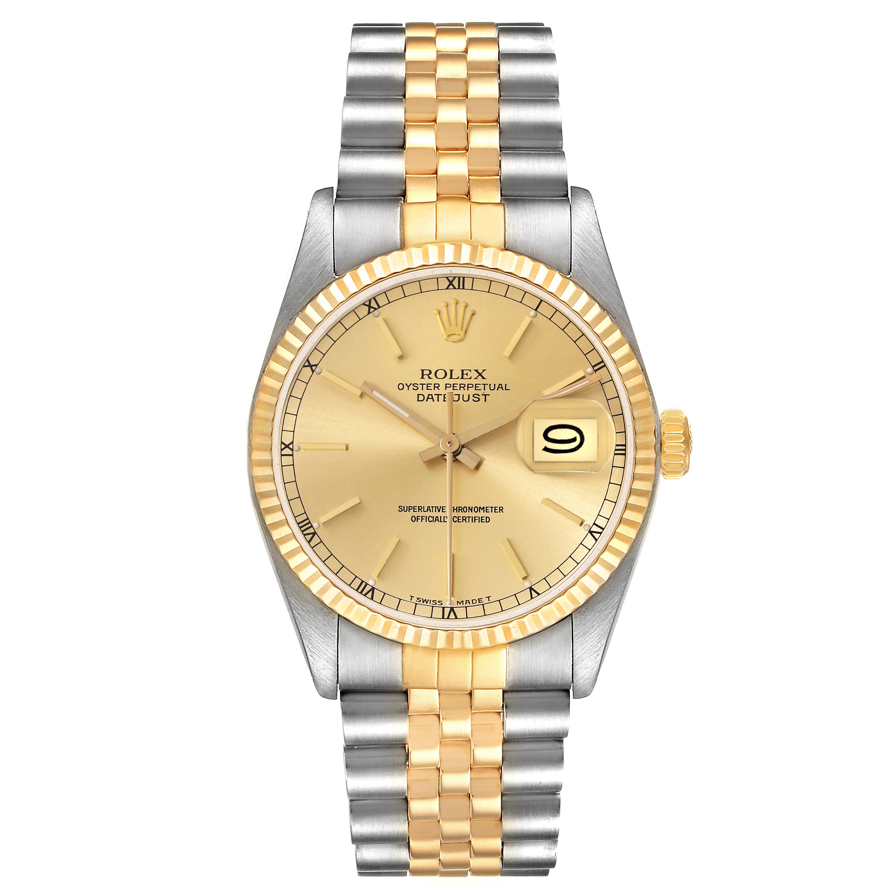 The image shows a front view of the Rolex Vintage Collection 16013 Men's Steel and Gold (two tone) Champagne Dial 16013 Men's Steel and Gold (two tone) Champagne Dial Oyster Perpetual Datejust watch, highlighting its face, bezel, and bracelet.