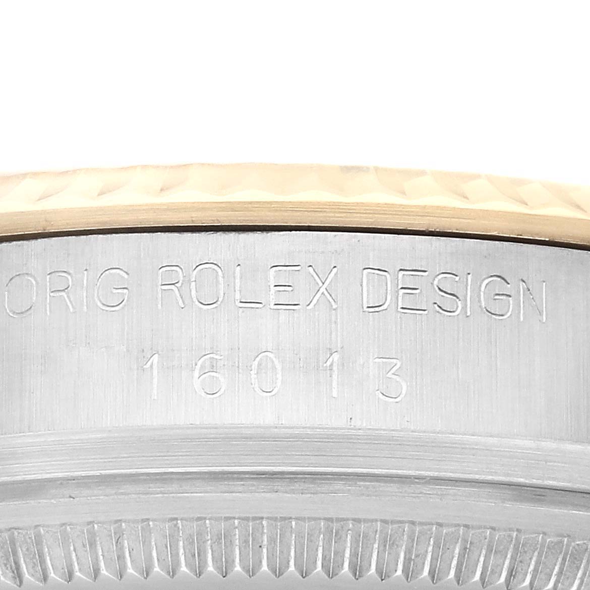 The image shows a close-up side view of the casing with the model number "16013" engraved on the Rolex Vintage Collection 16013 Men's Steel and Gold (two tone) Champagne Dial 16013 Men's Steel and Gold (two tone) Champagne Dial watch.