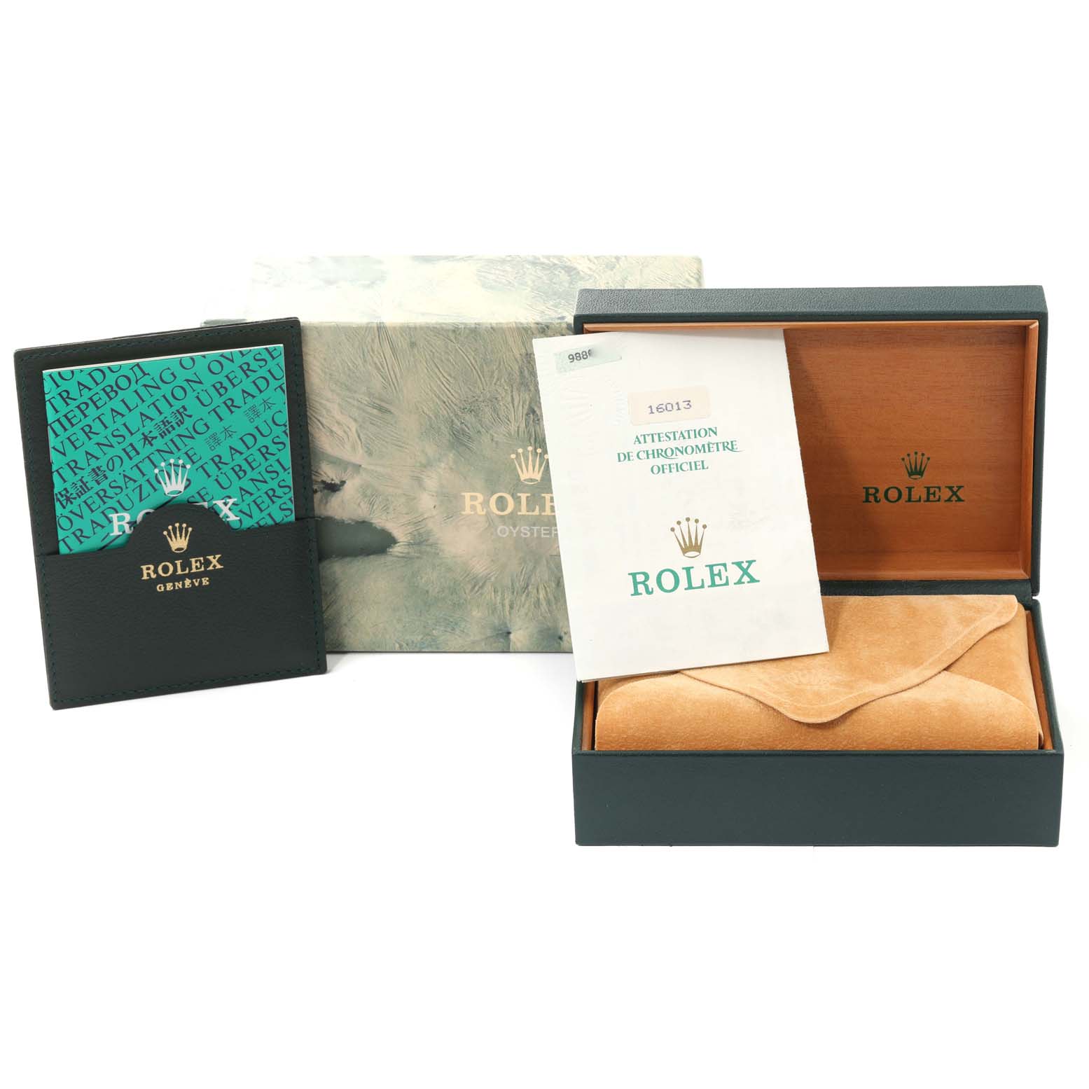 The image shows packaging and documents for the Rolex Vintage Collection 16013 Men's Steel and Gold (two tone) Champagne Dial 16013 Men's Steel and Gold (two tone) Champagne Dial model, including a box, booklet, and certification papers.
