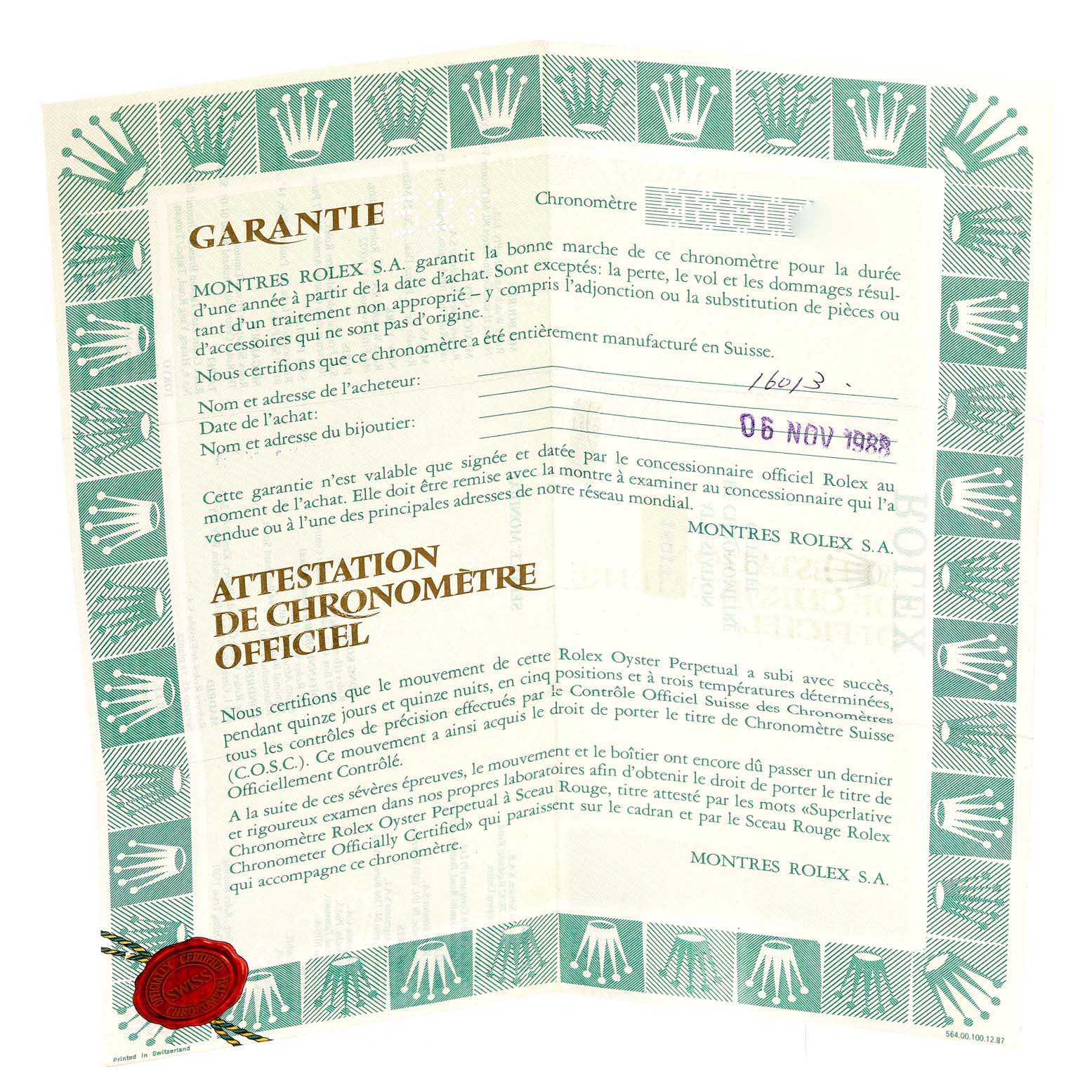 The image displays a warranty certificate for the Rolex Vintage Collection 16013 Men's Steel and Gold (two tone) Champagne Dial 16013 Men's Steel and Gold (two tone) Champagne Dial model, viewed from above on a flat surface.