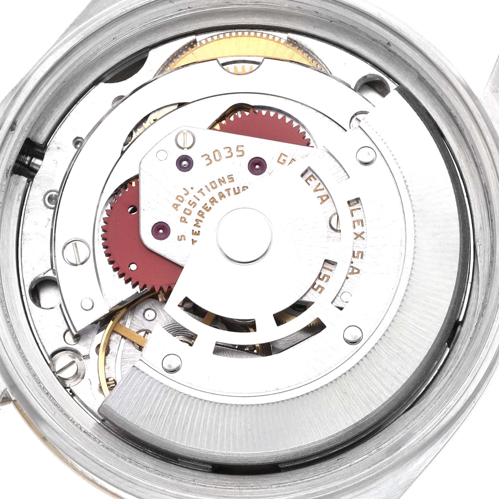 This image shows the inner workings and movement mechanism of the Rolex Vintage Collection 16013 Men's Steel and Gold (two tone) Champagne Dial 16013 Men's Steel and Gold (two tone) Champagne Dial model, viewed from the back.