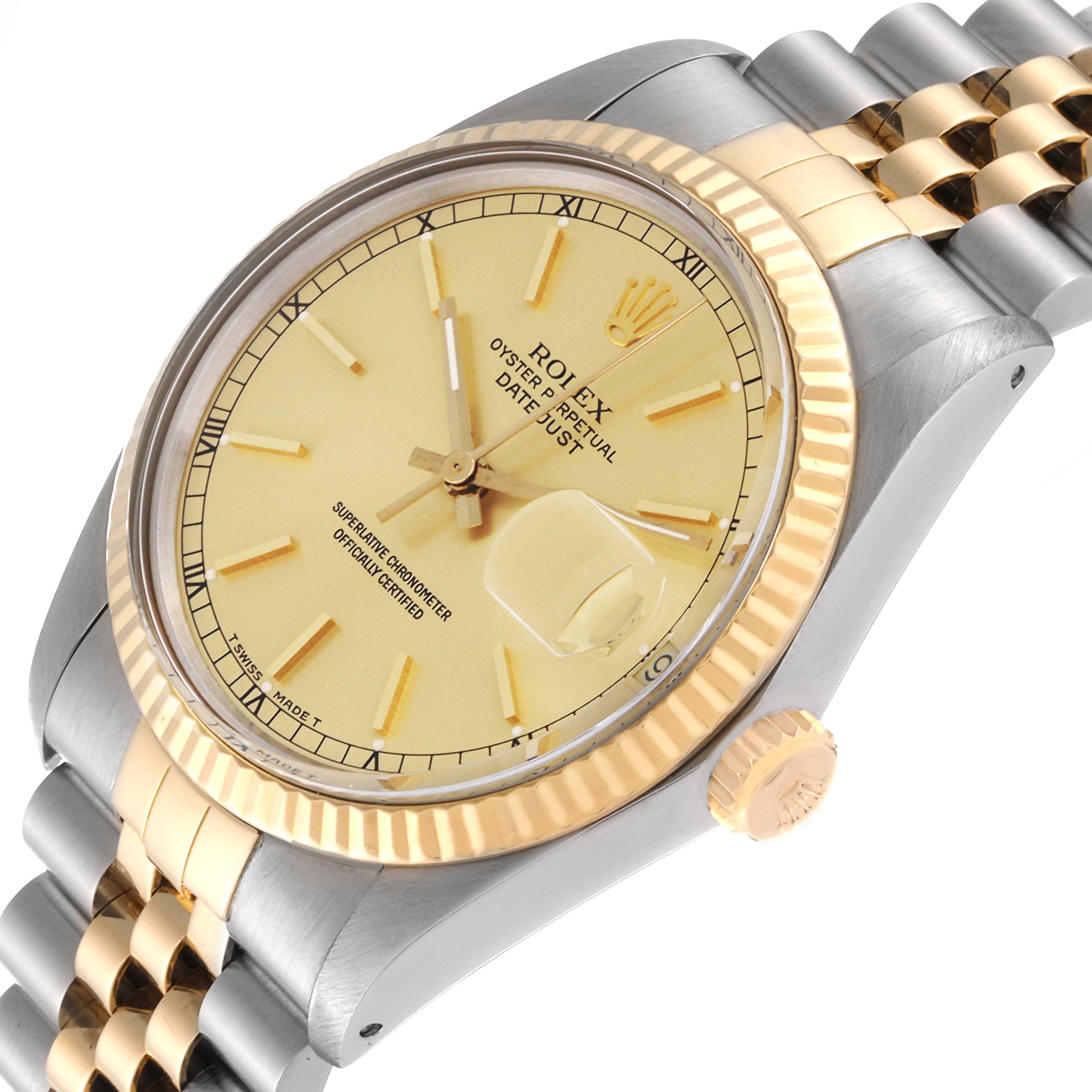 The image shows an angled view of the face and part of the band of the Rolex Vintage Collection 16013 Men's Steel and Gold (two tone) Champagne Dial 16013 Men's Steel and Gold (two tone) Champagne Dial Oyster Perpetual Datejust watch.
