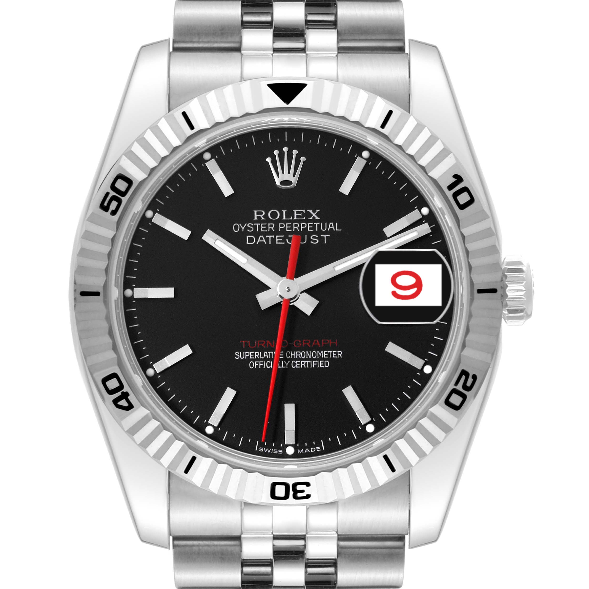 The image shows a front view of a Rolex Turn-o-Graph 116264 Men's Stainless Steel Black Dial 116264 Men's Stainless Steel Black Dial watch, highlighting the dial, bezel, markers, and date display.