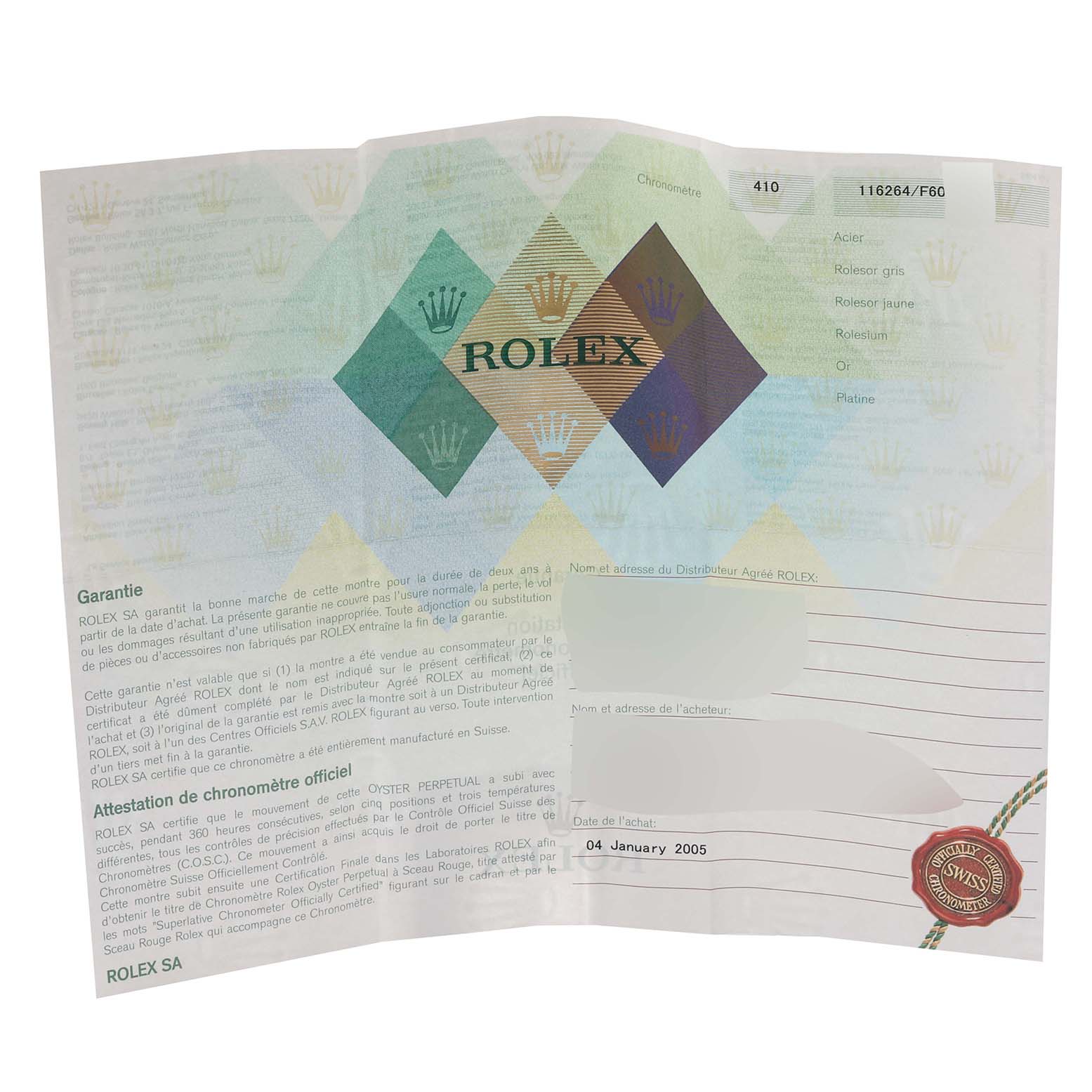 This image shows the warranty certificate for a Rolex Turn-o-Graph 116264 Men's Stainless Steel Black Dial 116264 Men's Stainless Steel Black Dial watch, dated January 4, 2005.