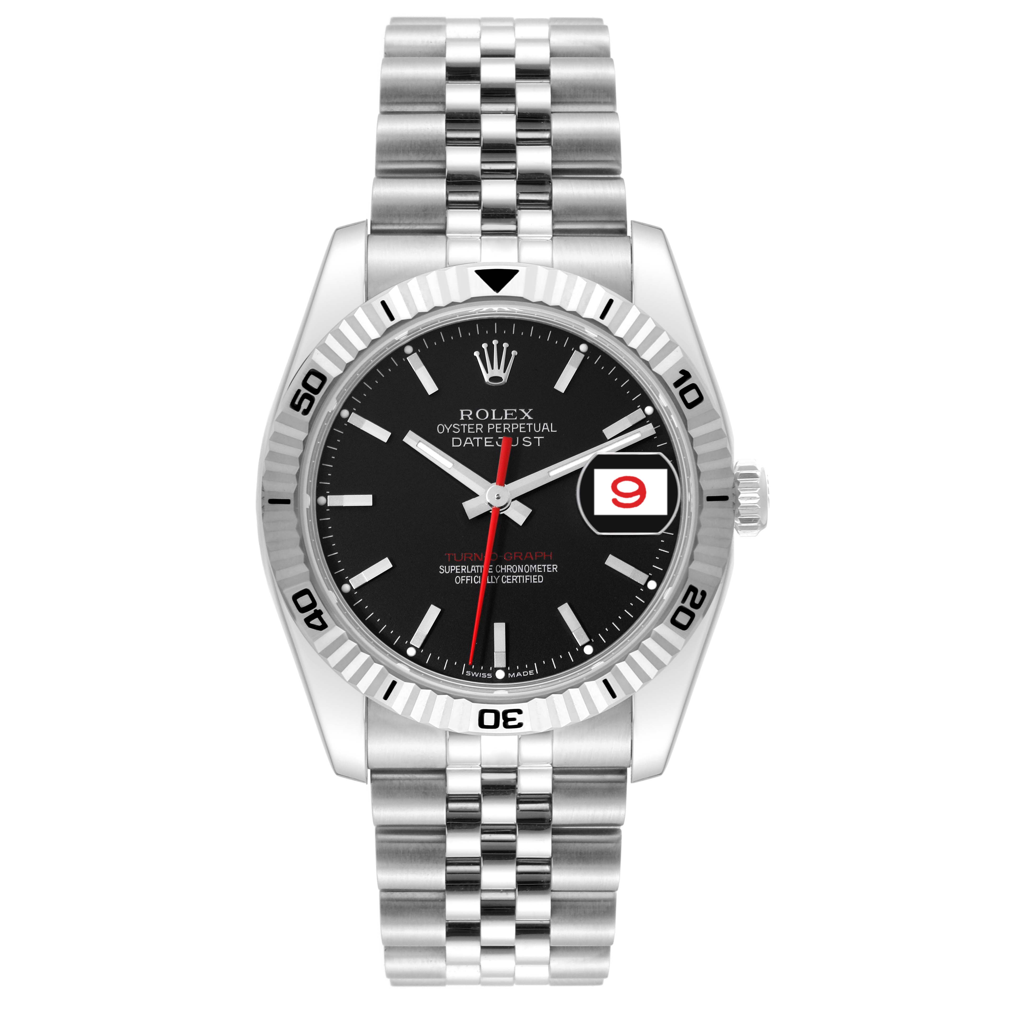 The image shows a front view of a Rolex Turn-o-Graph 116264 Men's Stainless Steel Black Dial 116264 Men's Stainless Steel Black Dial watch, displaying its face, bezel, and metal bracelet.