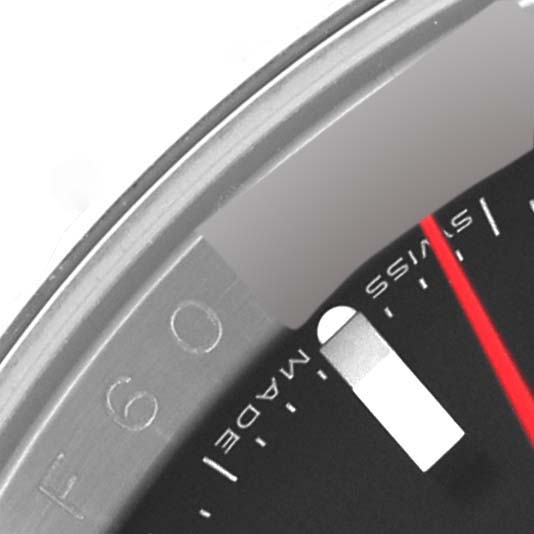 This close-up image shows the dial and a portion of the bezel of the Rolex Turn-o-Graph 116264 Men's Stainless Steel Black Dial 116264 Men's Stainless Steel Black Dial watch at an oblique angle.