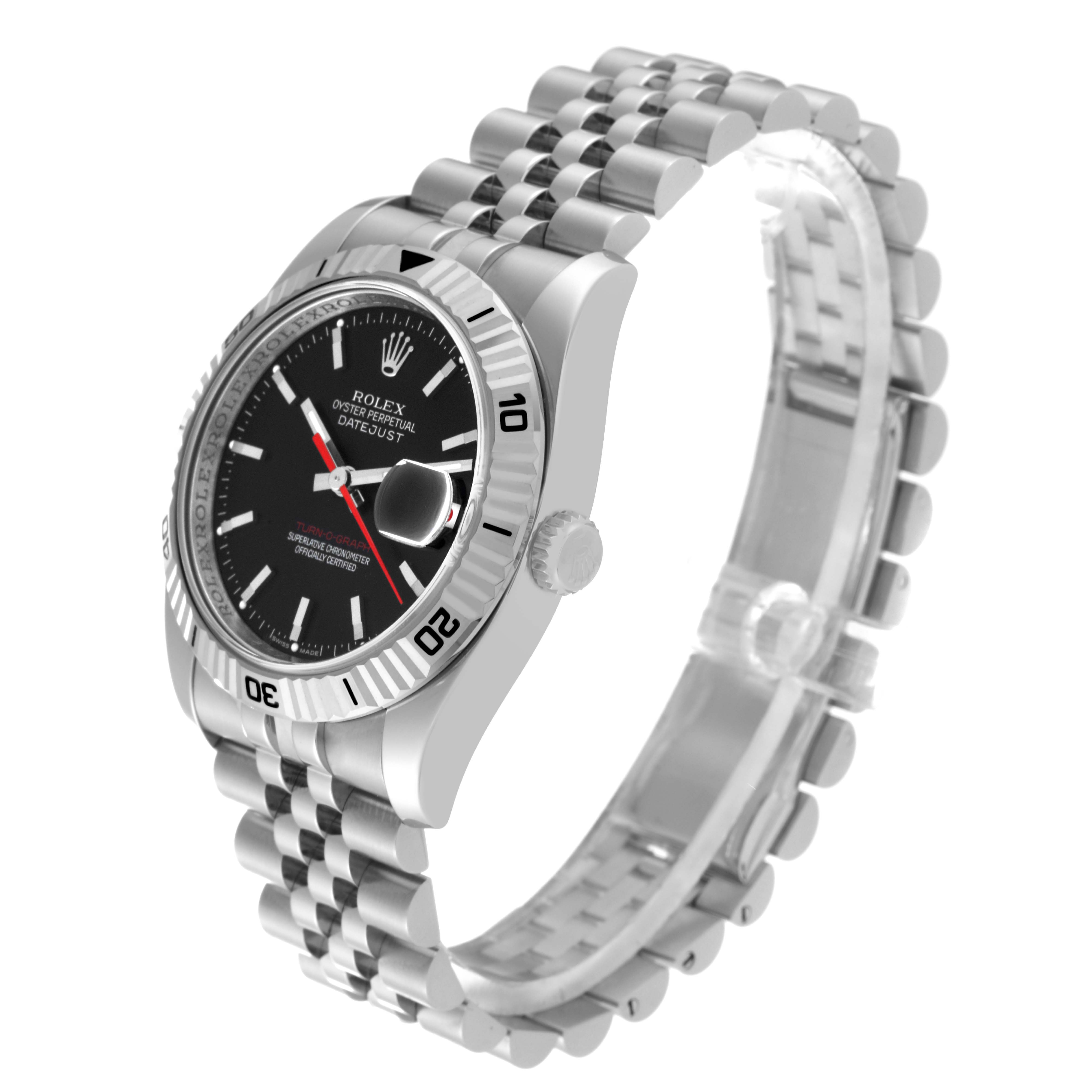 The Rolex Turn-o-Graph 116264 Men's Stainless Steel Black Dial 116264 Men's Stainless Steel Black Dial model is shown from an angled side view, displaying the dial, bezel, crown, and bracelet.