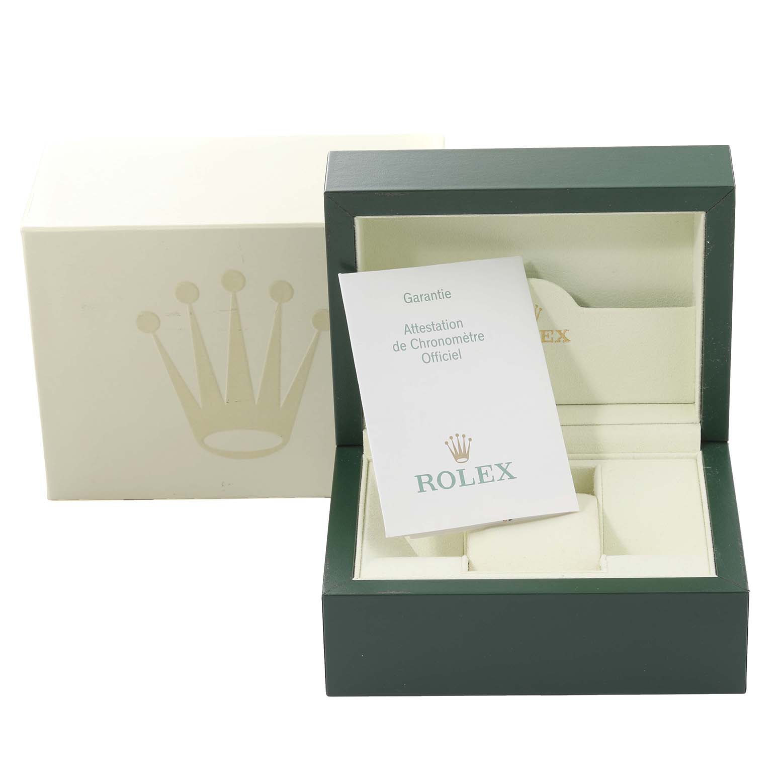 The image shows an open Rolex Turn-o-Graph 116264 Men's Stainless Steel Black Dial 116264 Men's Stainless Steel Black Dial watch box at a slight angle, with an official warranty card.