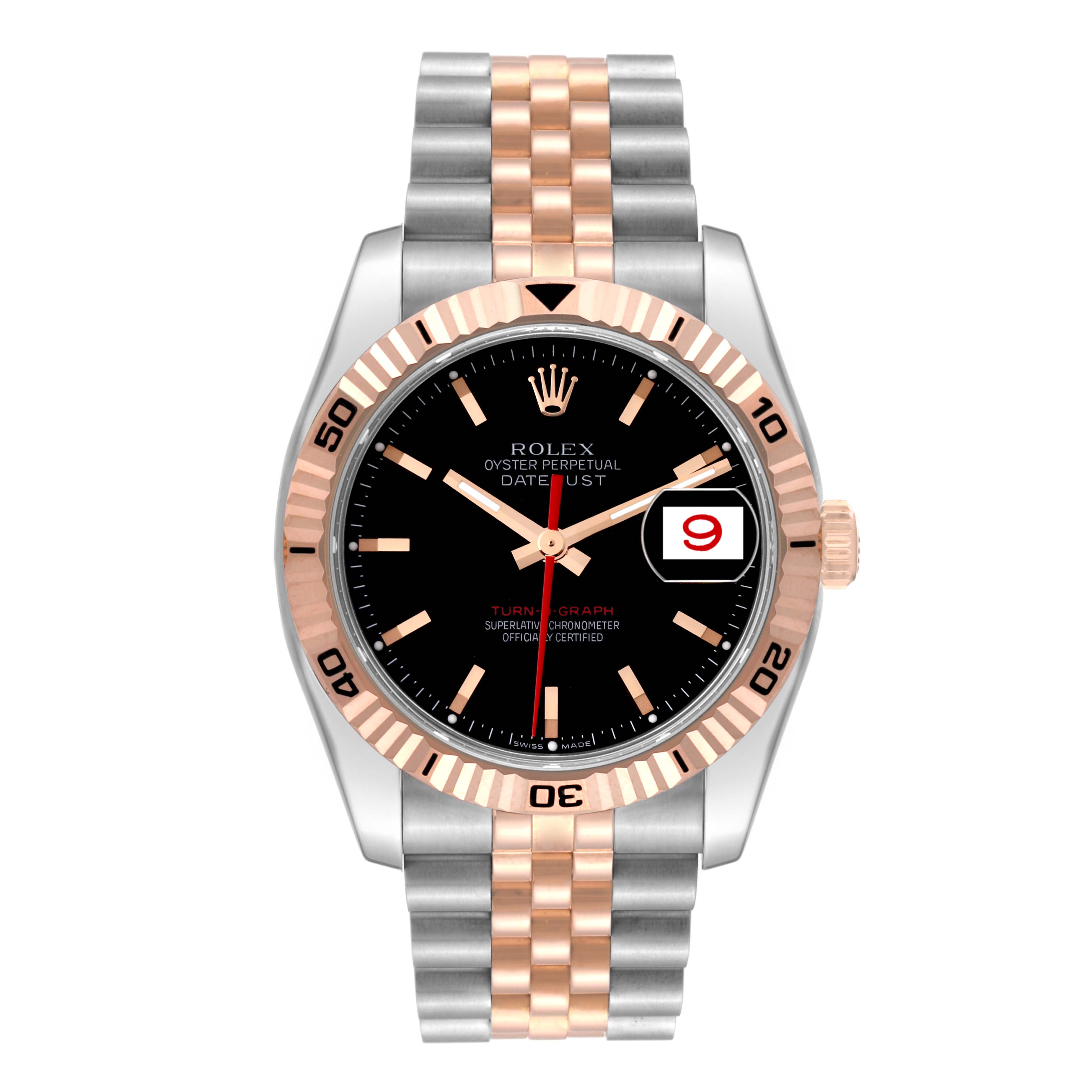 The image shows a front view of a Rolex Turn-o-Graph 116261 Men
s Steel and Gold (two tone) Black Dial 116261 Men
s Steel and Gold (two tone) Black Dial watch, displaying the face, bezel, and bracelet.
