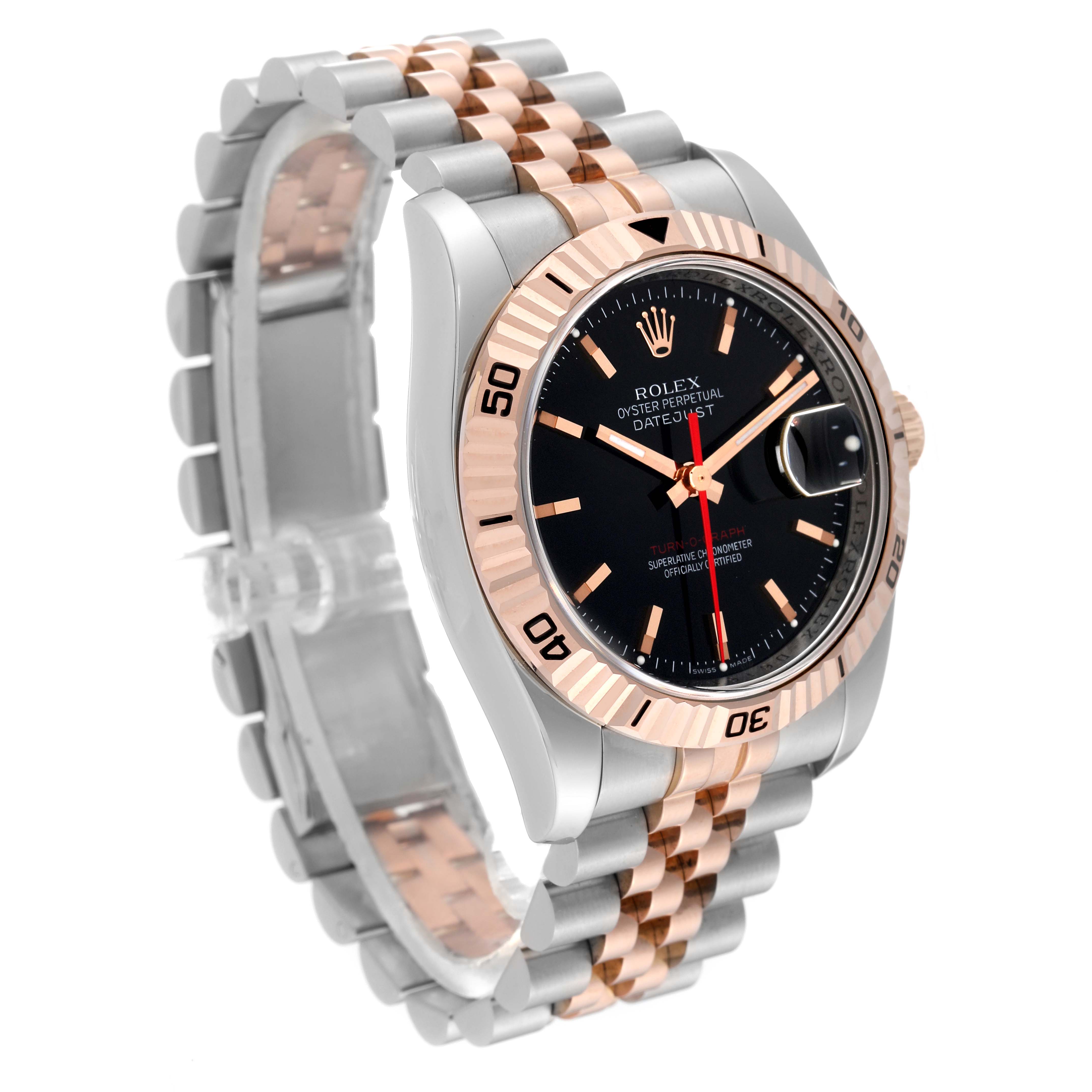 The Rolex Turn-o-Graph 116261 Men
s Steel and Gold (two tone) Black Dial 116261 Men
s Steel and Gold (two tone) Black Dial watch is shown at an angled front view, displaying the face, bezel, and part of the bracelet.