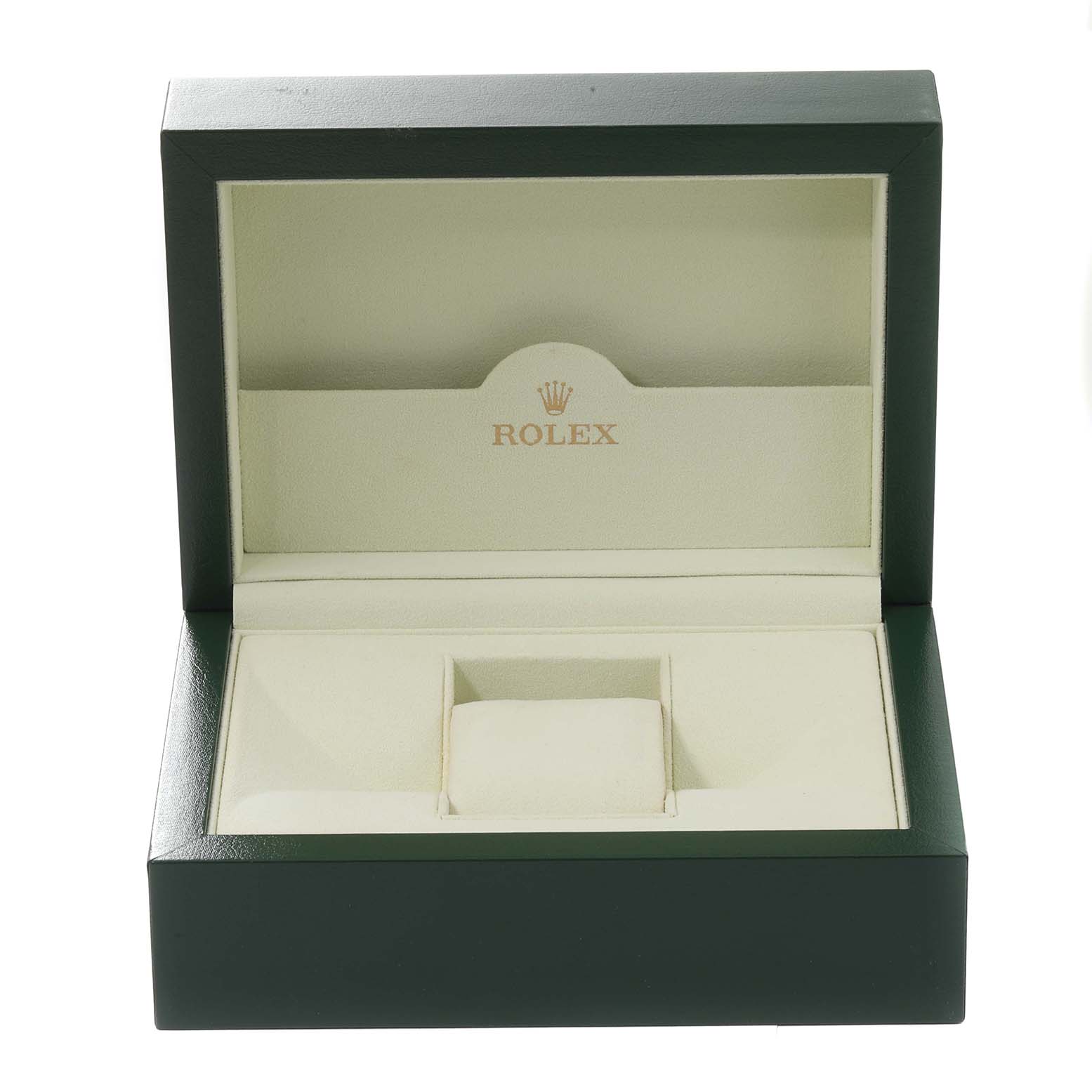 This image shows an open Rolex Turn-o-Graph 116261 Men
s Steel and Gold (two tone) Black Dial 116261 Men
s Steel and Gold (two tone) Black Dial watch box with compartments for storing and displaying the watch.