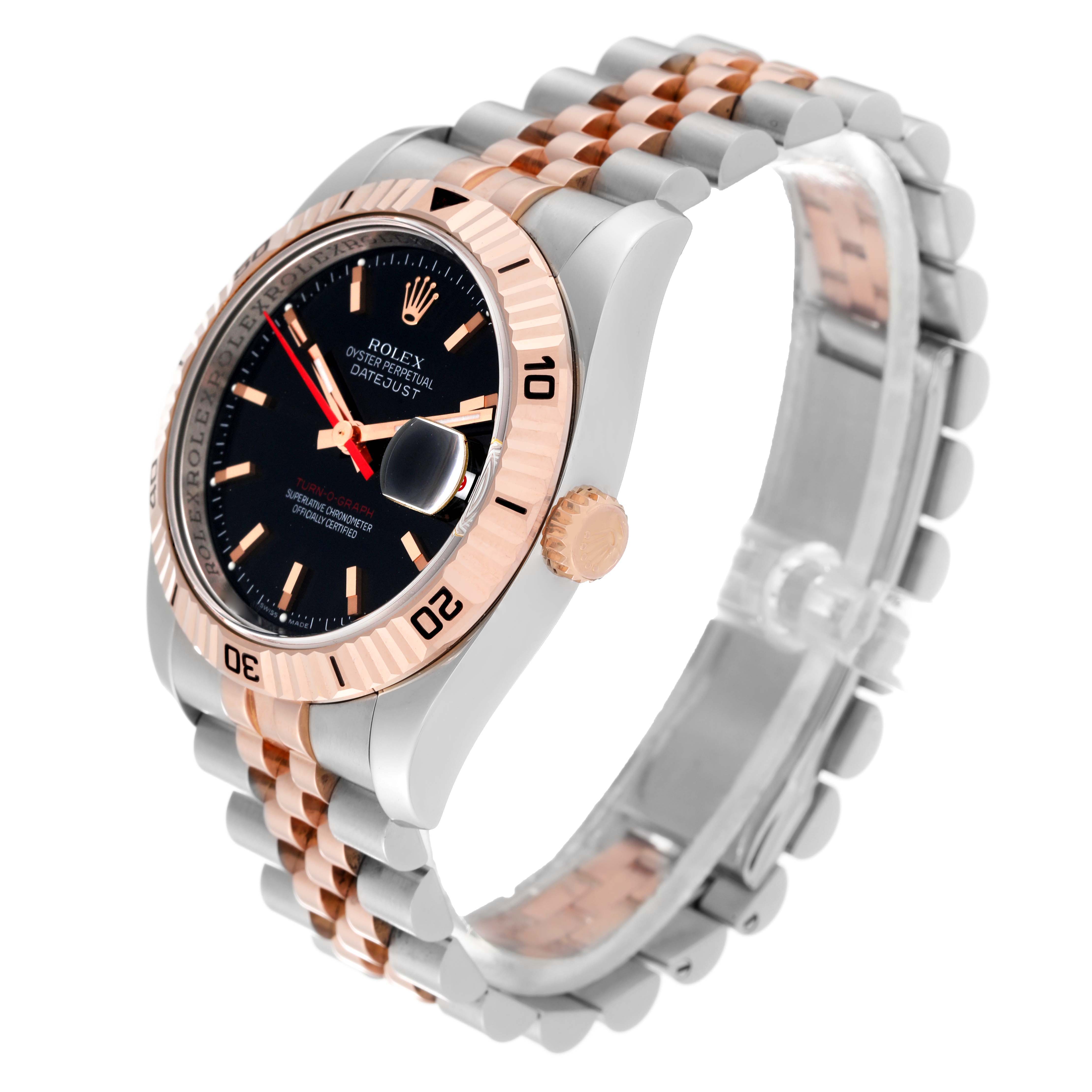 This image shows a Rolex Turn-o-Graph 116261 Men
s Steel and Gold (two tone) Black Dial 116261 Men
s Steel and Gold (two tone) Black Dial watch at an angled side view, displaying the bezel, dial, case, and part of the bracelet.