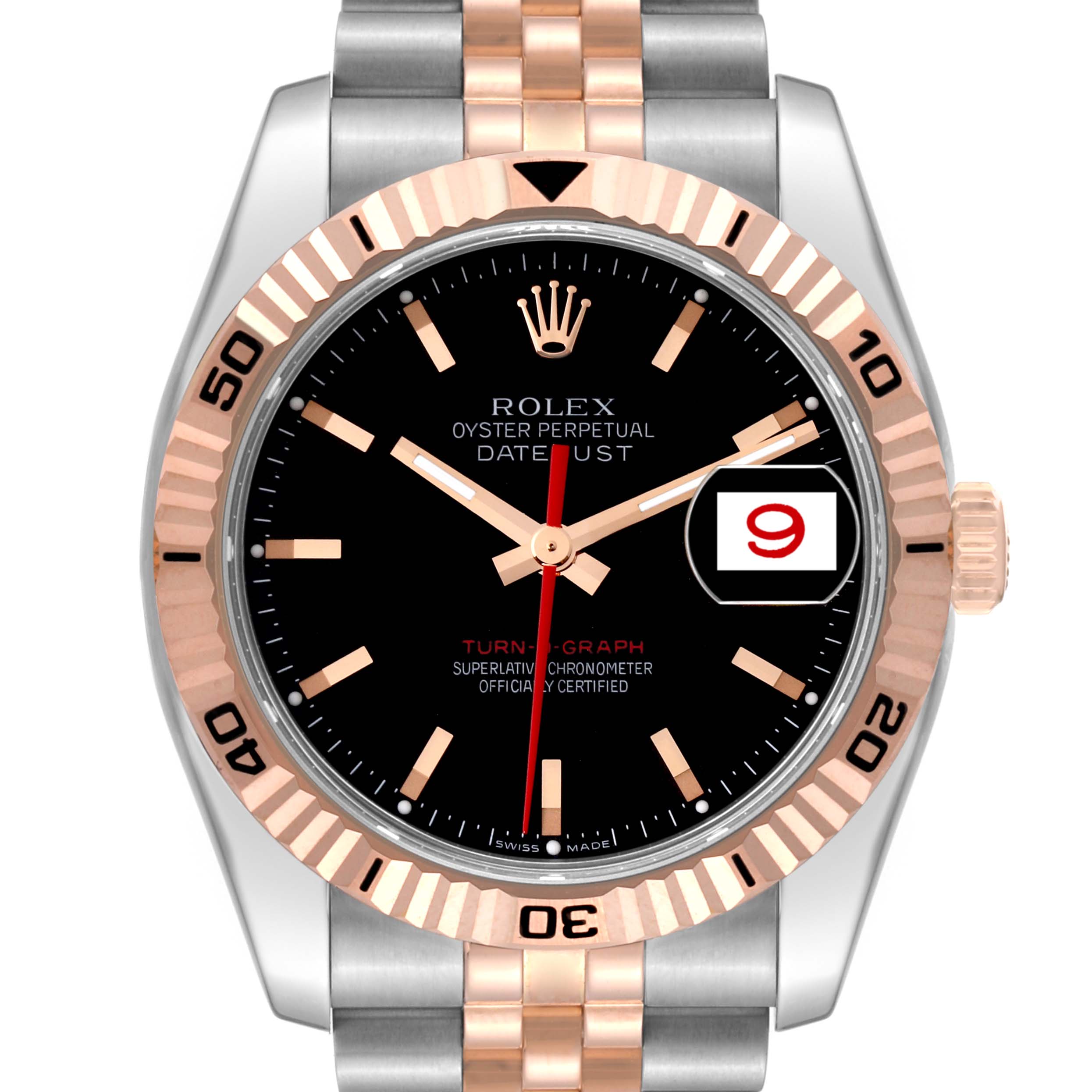 The image shows a front view of the Rolex Turn-o-Graph 116261 Men
s Steel and Gold (two tone) Black Dial 116261 Men
s Steel and Gold (two tone) Black Dial watch, highlighting its black dial, rose gold bezel, and two-tone bracelet.