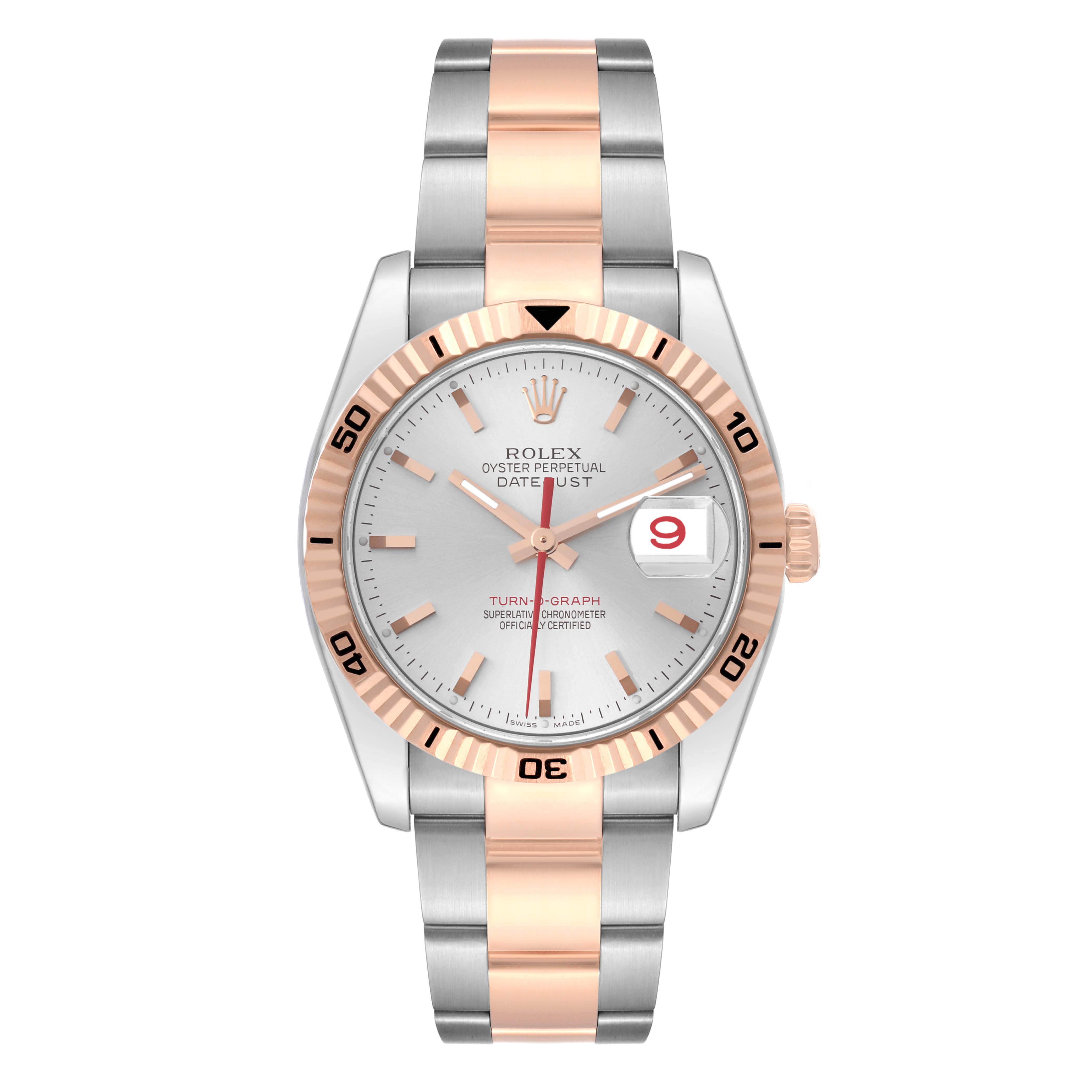 The image shows a front view of the Rolex Turn-o-Graph 116261 Men's Steel and Gold (two tone) Silver Dial 116261 Men's Steel and Gold (two tone) Silver Dial watch, highlighting the dial, bezel, hands, and bracelet.