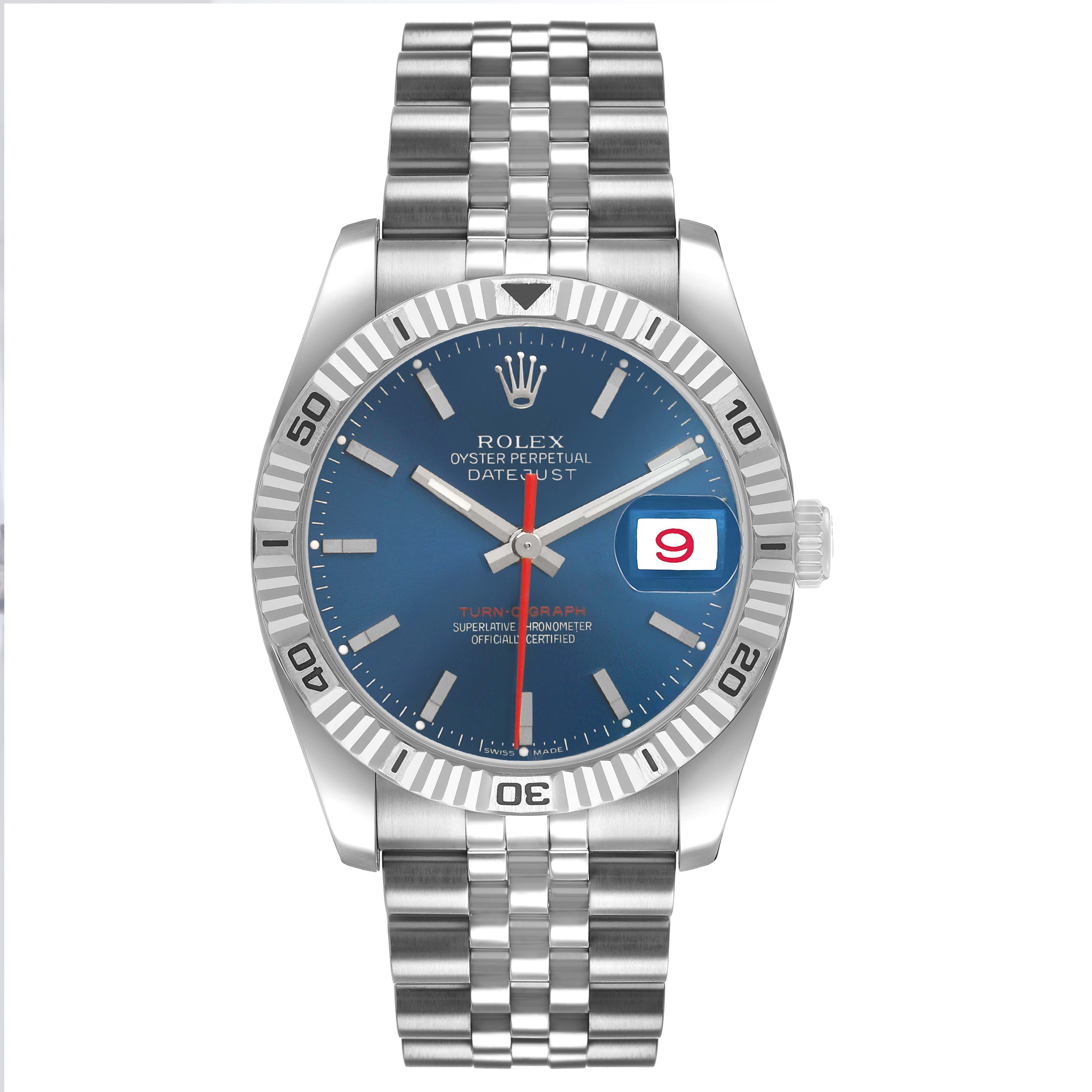 The Rolex Turn-o-Graph 116264 Men's Stainless Steel Blue Dial watch is shown from the front, displaying its blue dial, silver bezel, and metal bracelet.