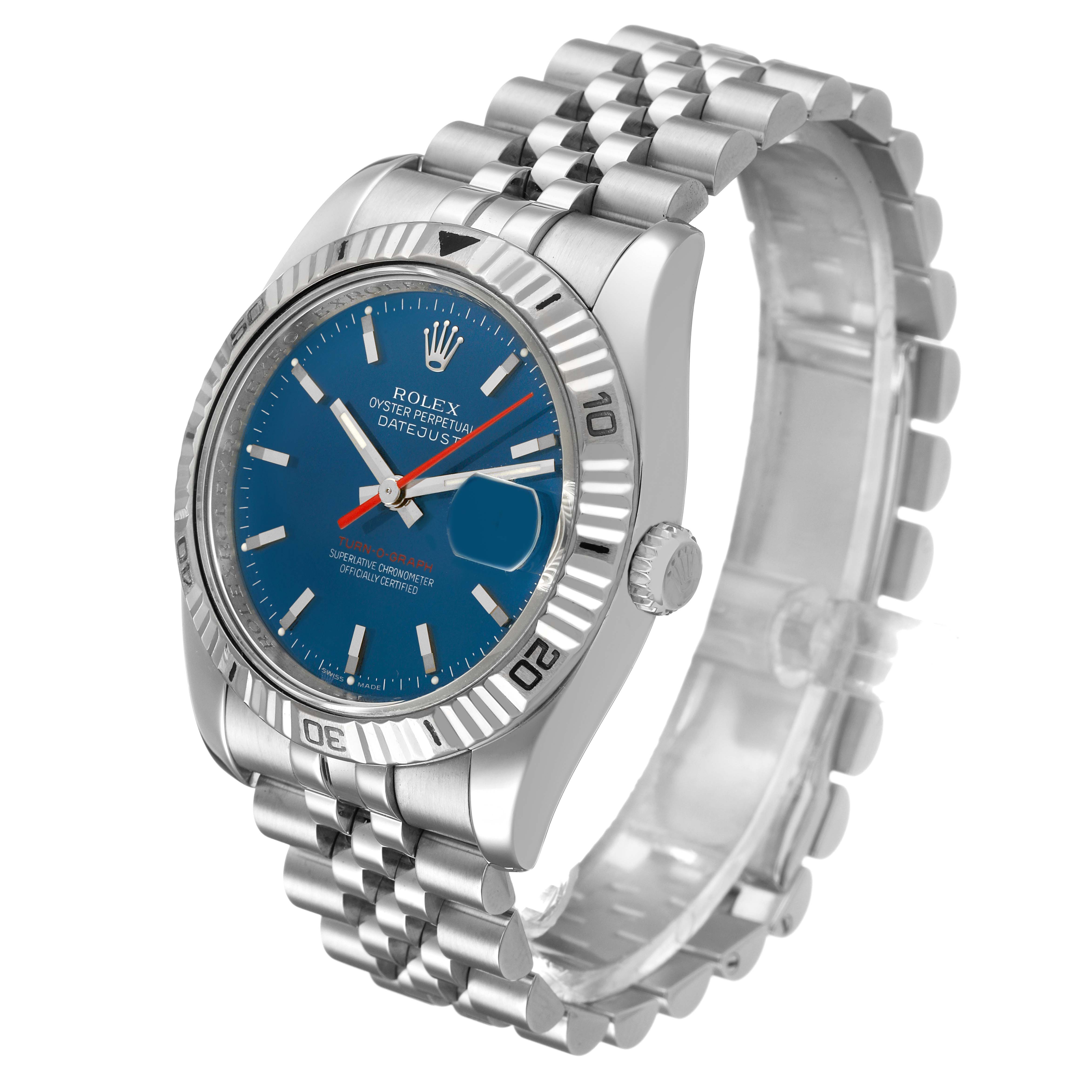 The Rolex Turn-o-Graph 116264 Men's Stainless Steel Blue Dial watch is shown at a three-quarter angle, displaying its face, bezel, crown, and bracelet.