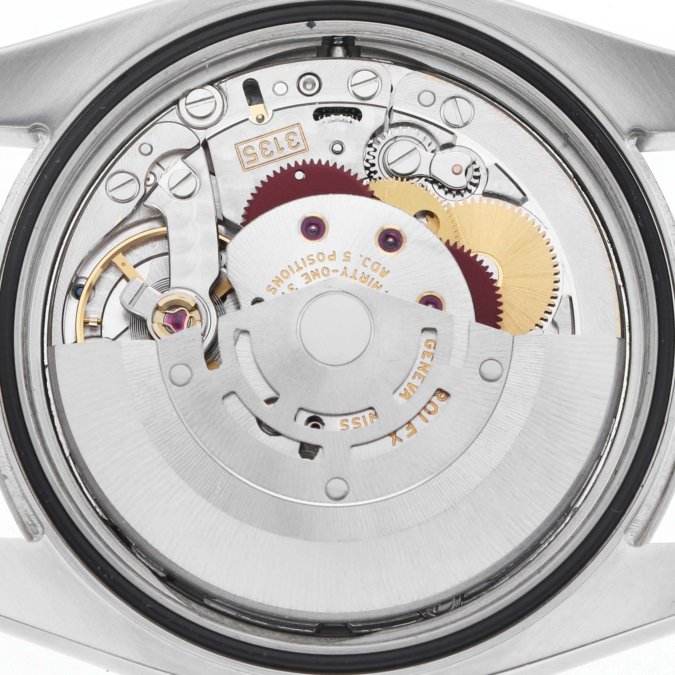 The image shows a close-up of the movement and internal components of a Rolex Turn-o-Graph 116264 Men's Stainless Steel Blue Dial watch from a back angle.