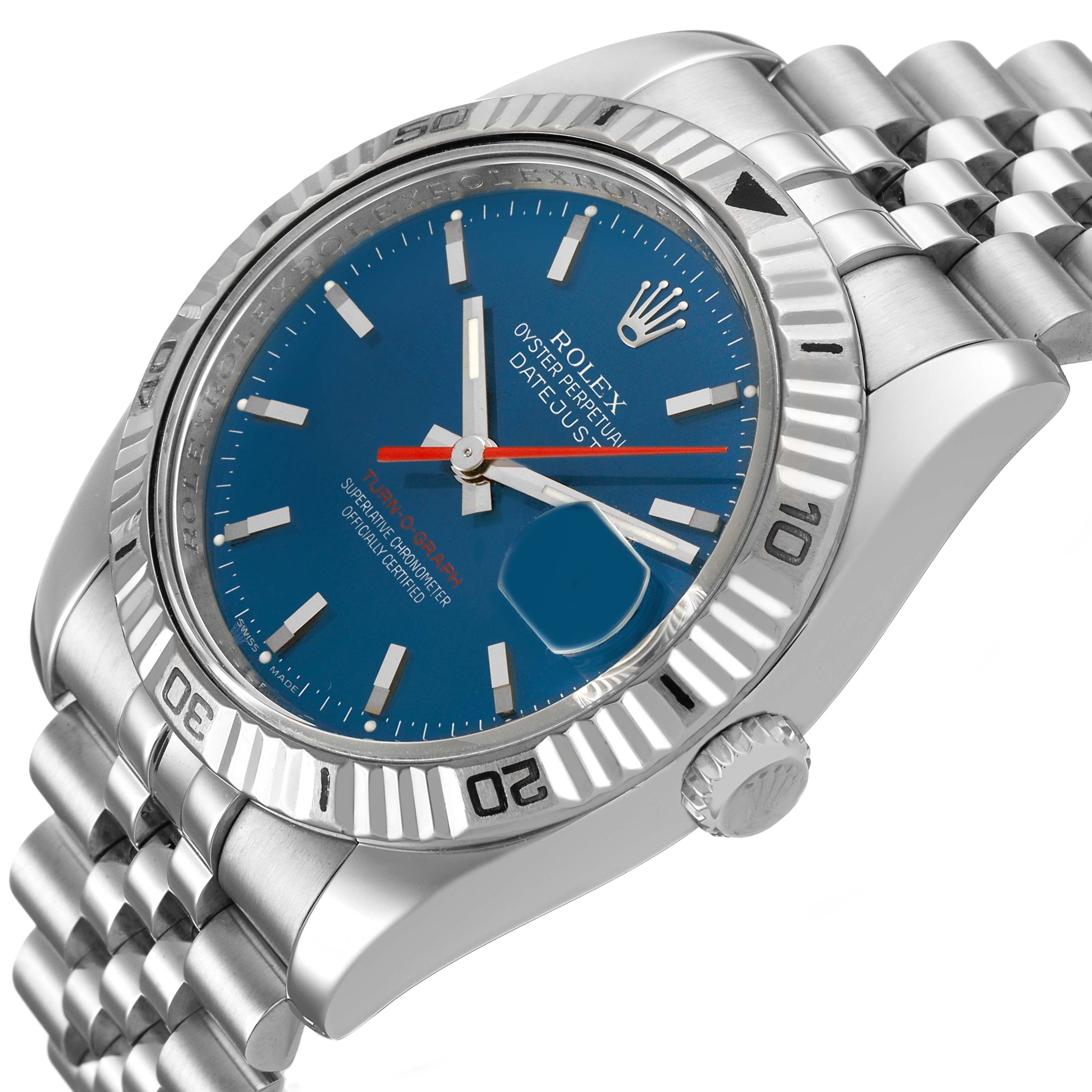The Rolex Turn-o-Graph 116264 Men's Stainless Steel Blue Dial watch is shown at a three-quarter angle, highlighting the bezel, face, crown, and bracelet.