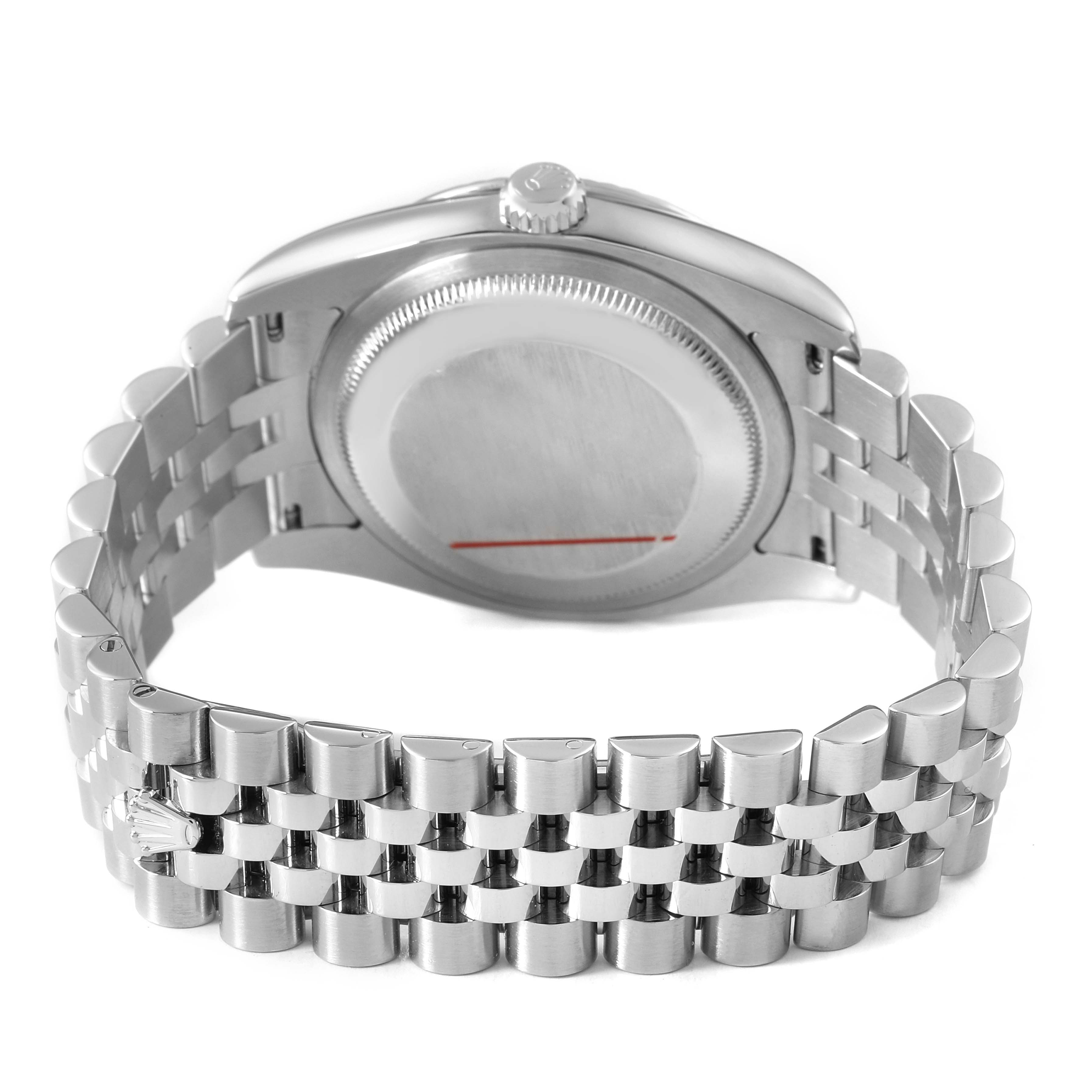 The image shows the back and bracelet of the Rolex Turn-o-Graph 116264 Men's Stainless Steel Blue Dial, highlighting the case back and Jubilee bracelet.