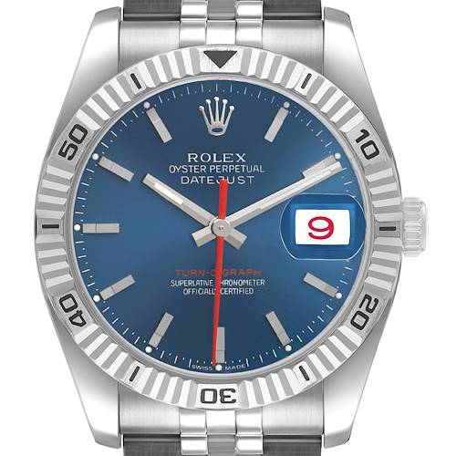 The Rolex Turn-o-Graph 116264 Men's Stainless Steel Blue Dial watch is shown from a front angle, displaying its blue dial, fluted bezel, and bracelet.