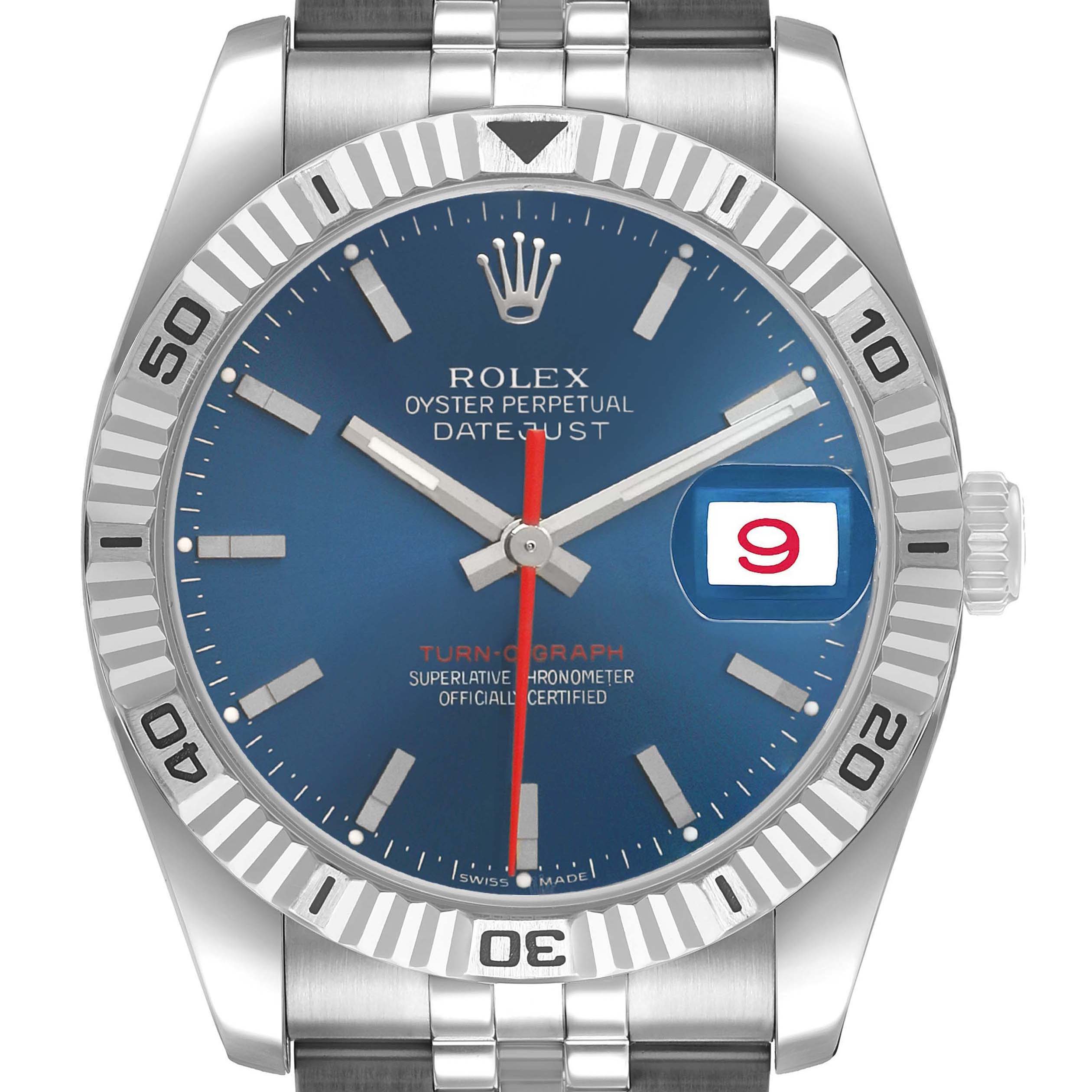 The Rolex Turn-o-Graph 116264 Men's Stainless Steel Blue Dial watch is shown from the front, featuring its blue dial, bezel, and bracelet.