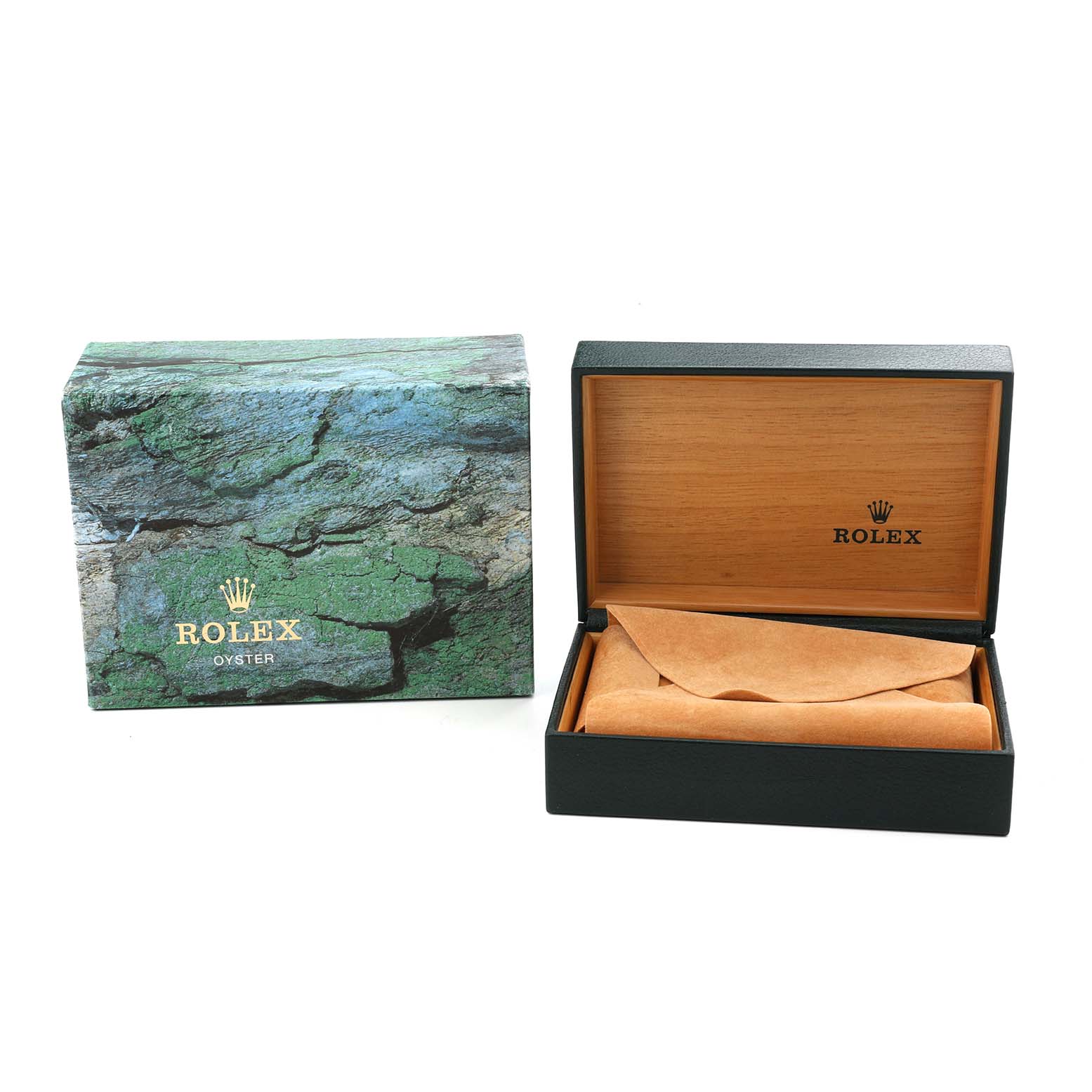 The image shows the box and inner packaging for a Rolex Turn-o-Graph 116264 Men's Stainless Steel Blue Dial watch, with the outer box closed and the inner box open.