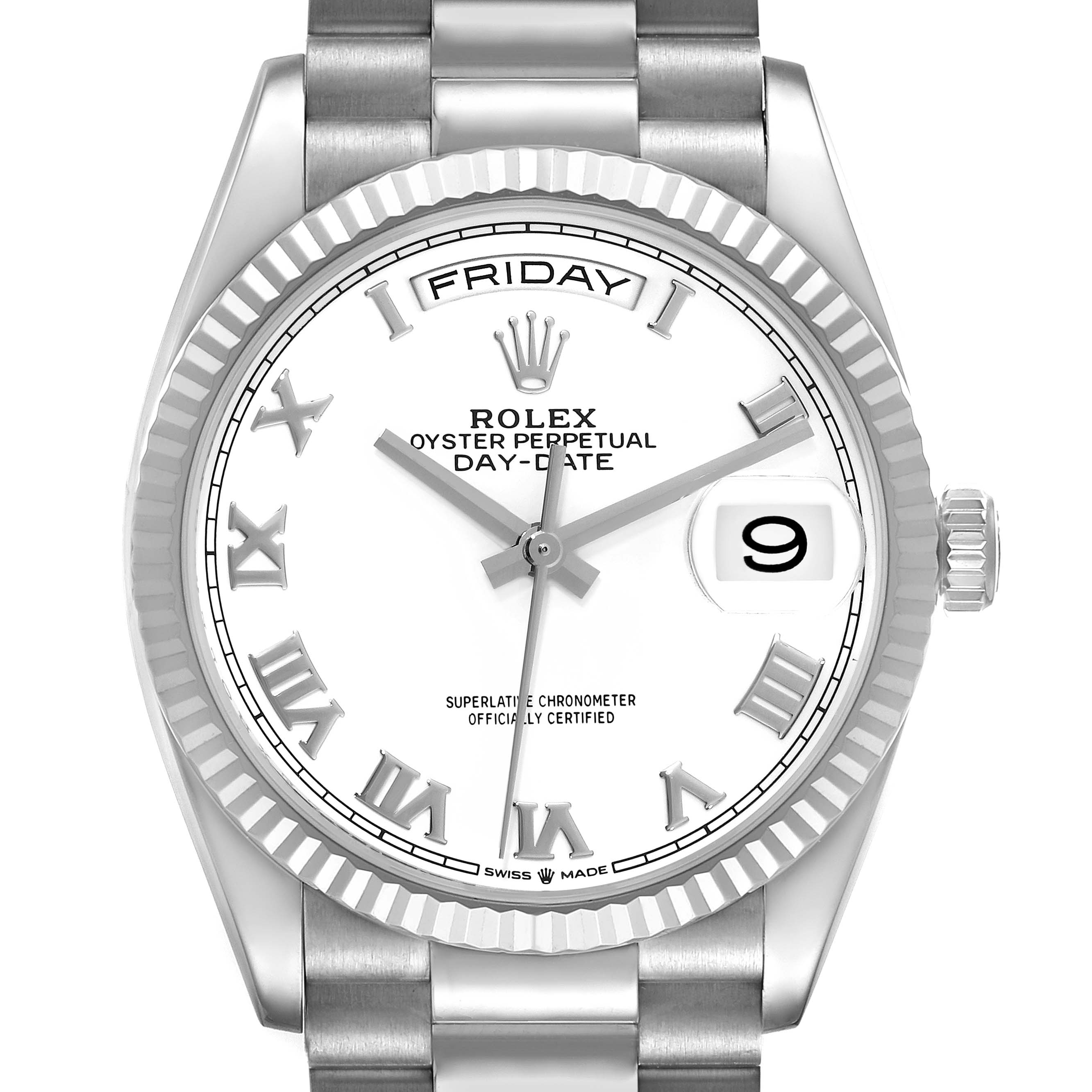 The image shows the front view of a Rolex President 128239 Men's White Gold White Dial 128239 Men's White Gold White Dial Day-Date watch, displaying the face, bezel, and bracelet.