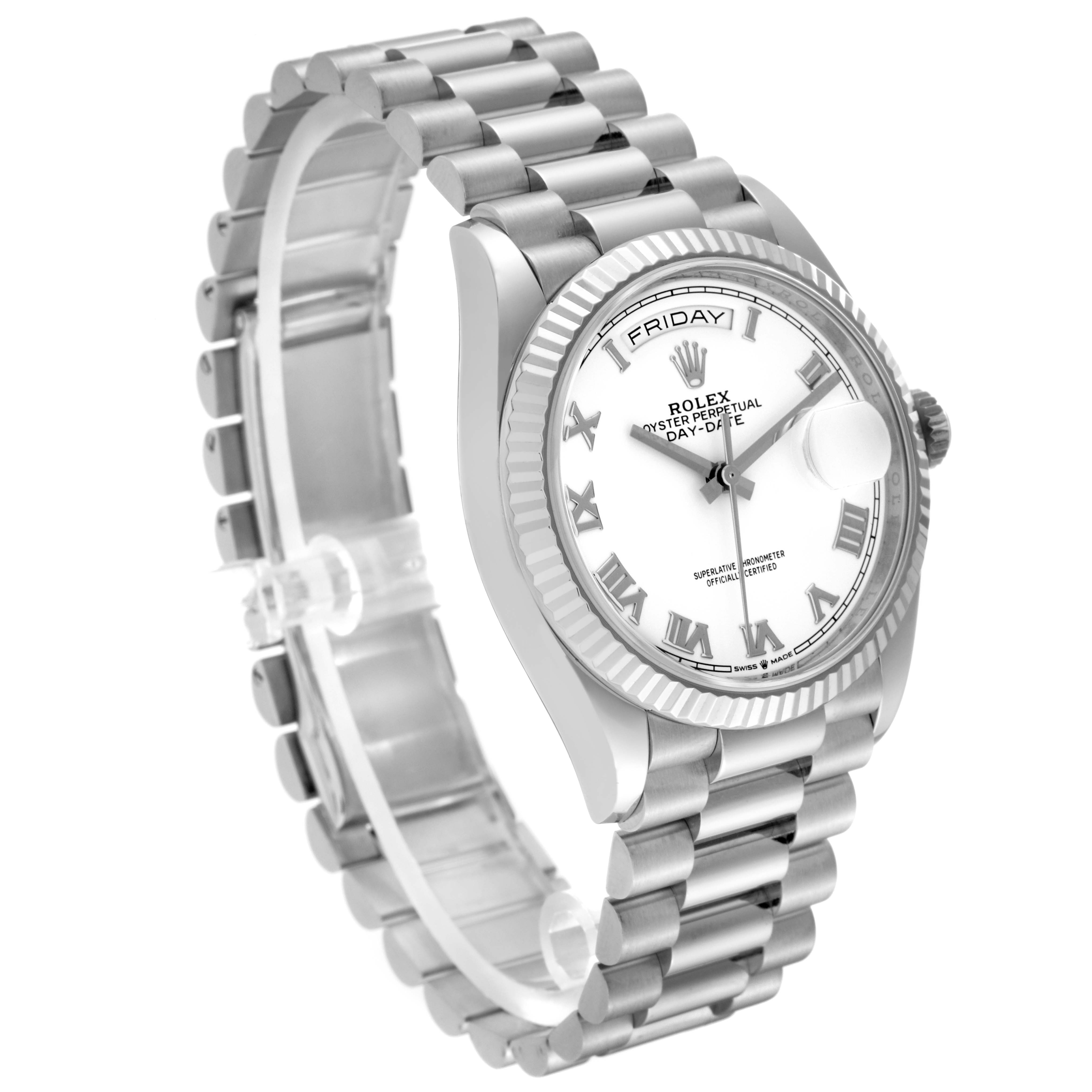 The image shows a side angle of a Rolex President 128239 Men's White Gold White Dial 128239 Men's White Gold White Dial model watch, highlighting its band, face, and bezel.