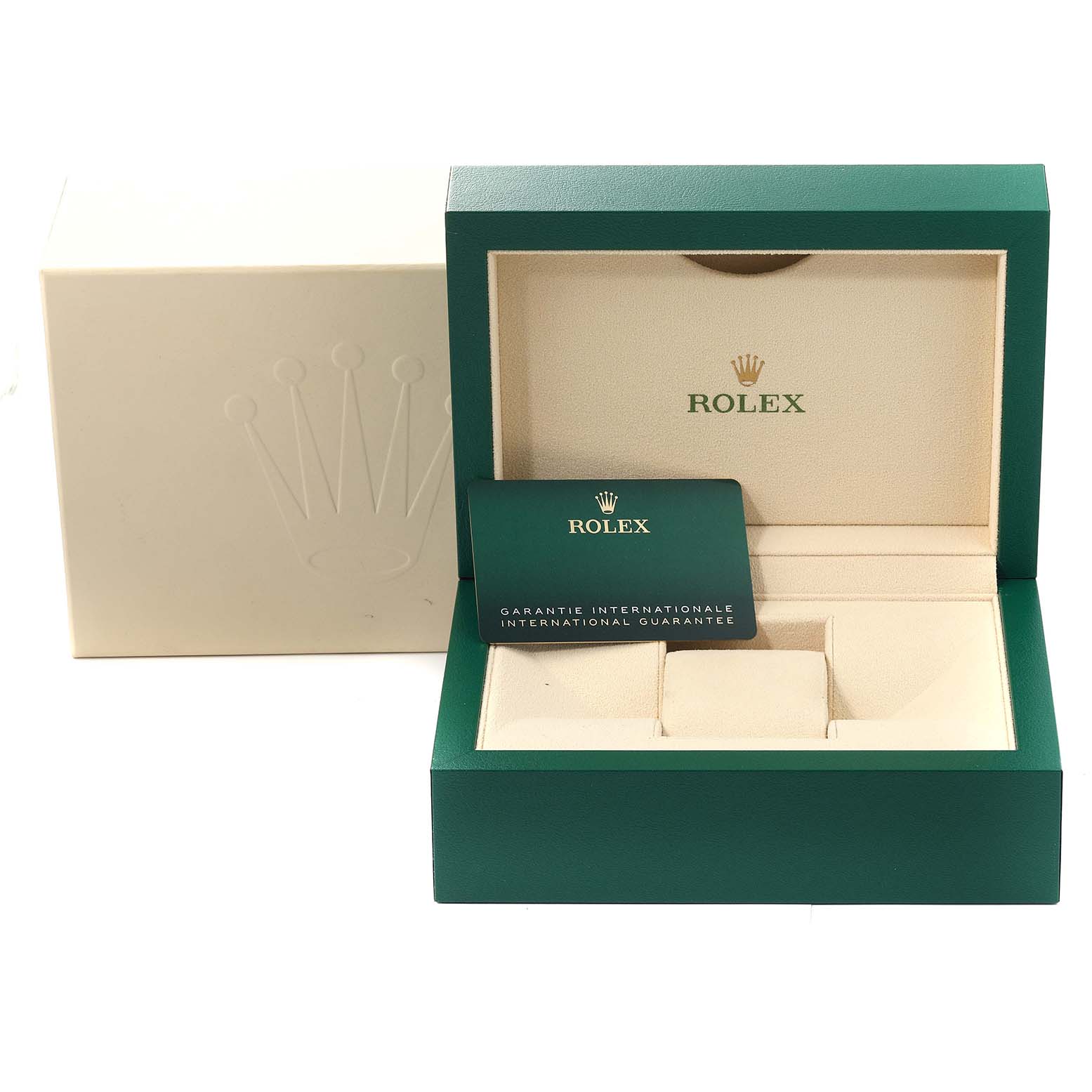 The image shows the open box and international guarantee card for a Rolex President 128239 Men's White Gold White Dial 128239 Men's White Gold White Dial model watch.