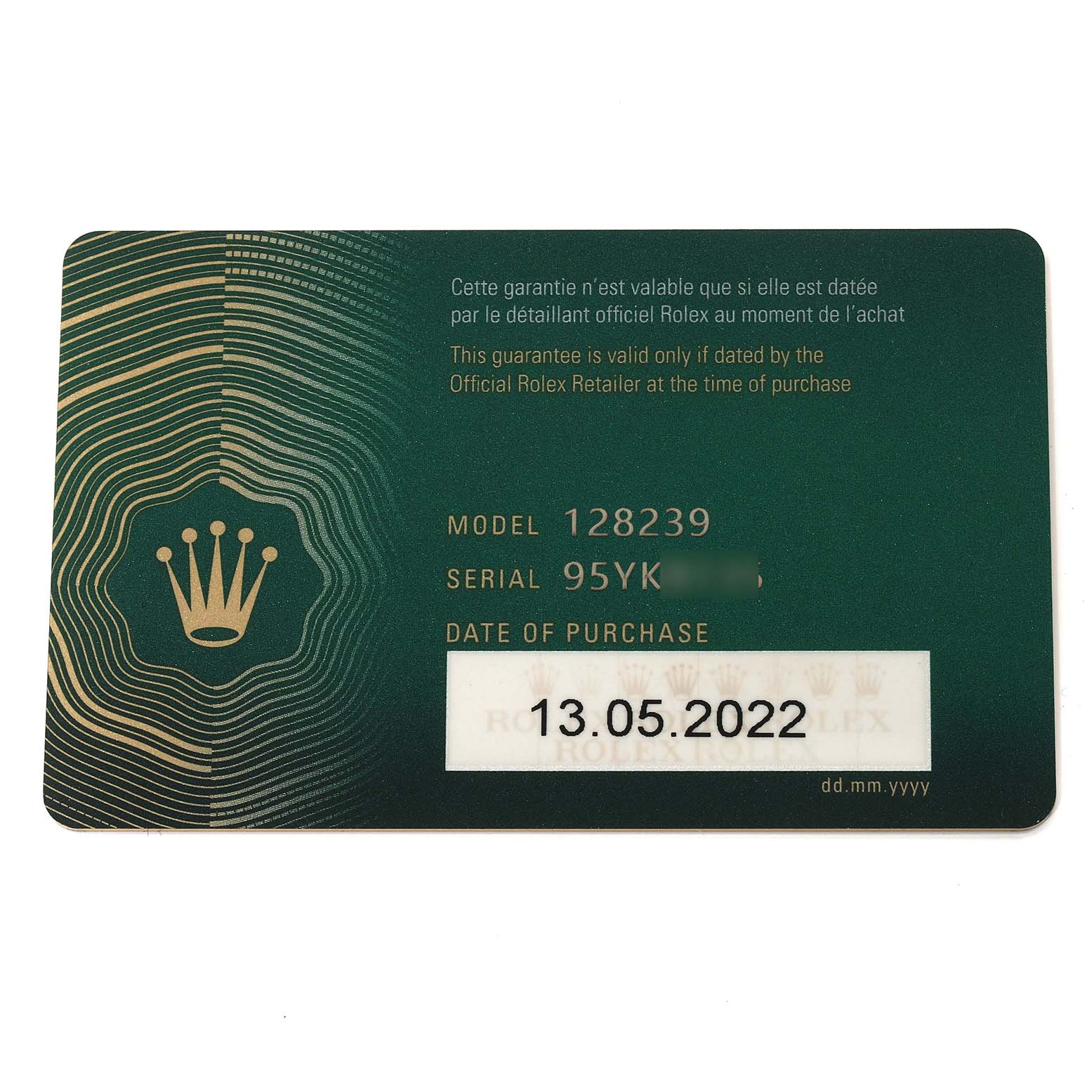 The image shows a Rolex warranty card for the President model, including the model number, serial number, and purchase date.