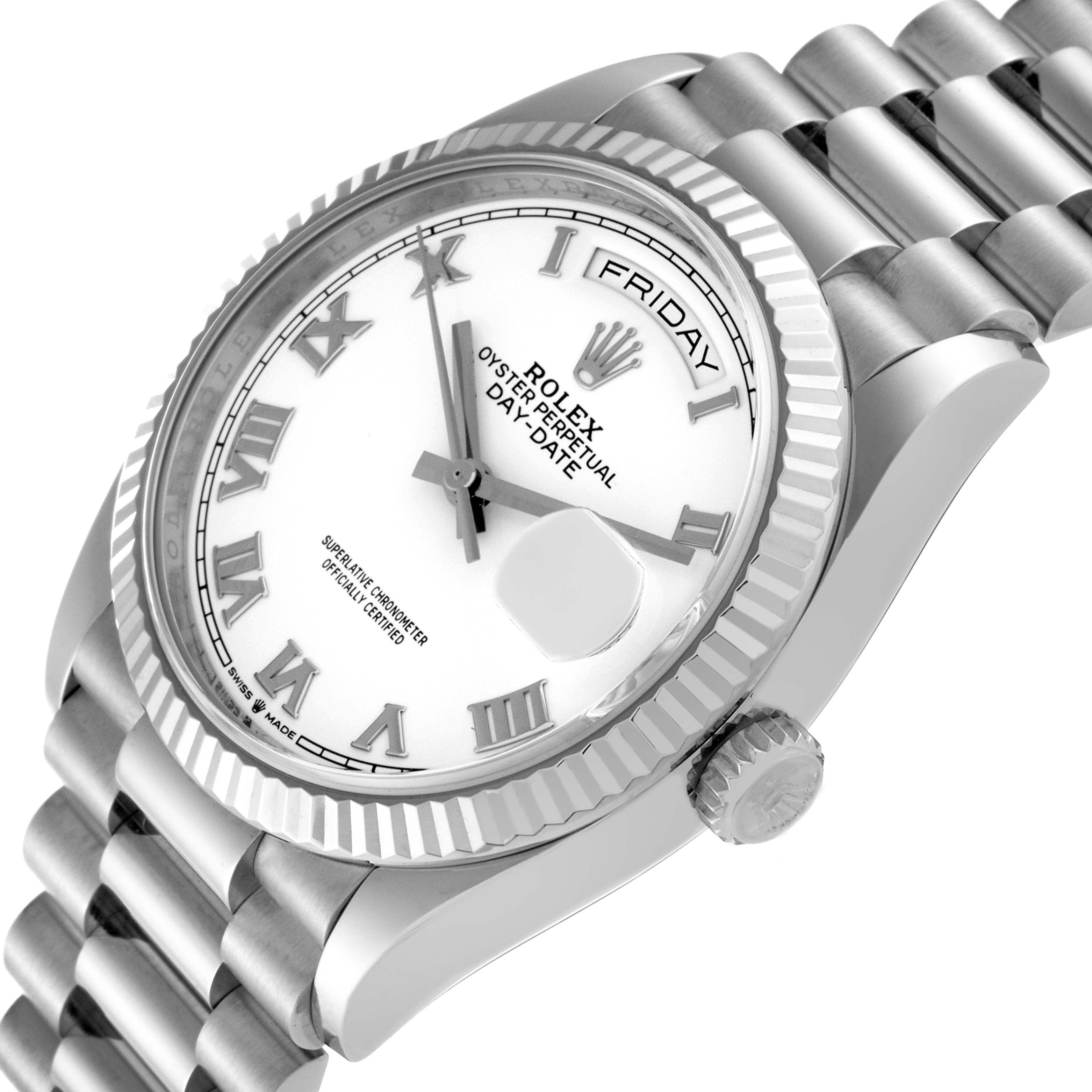 This image shows a Rolex President 128239 Men's White Gold White Dial 128239 Men's White Gold White Dial model watch at a slight angle, highlighting the dial, bezel, crown, and part of the bracelet.