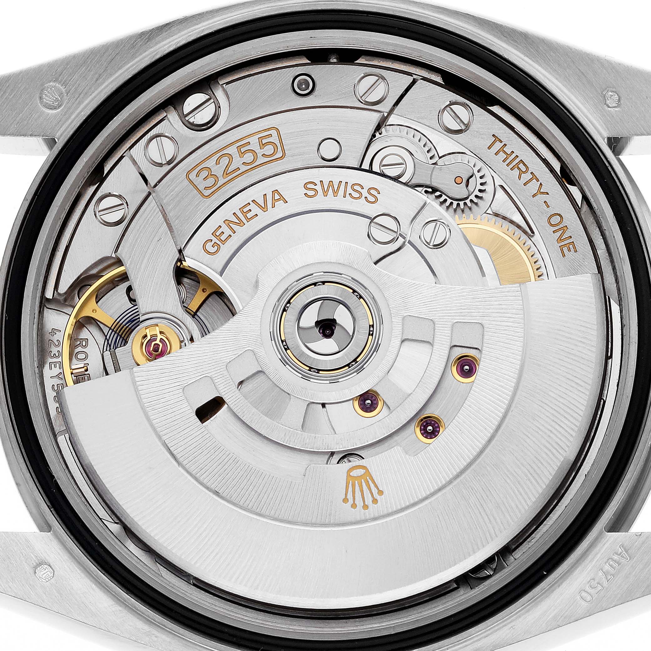 This is a detailed image of the movement mechanism of the Rolex President 128239 Men's White Gold White Dial 128239 Men's White Gold White Dial model watch, showcasing the gears and inner components.