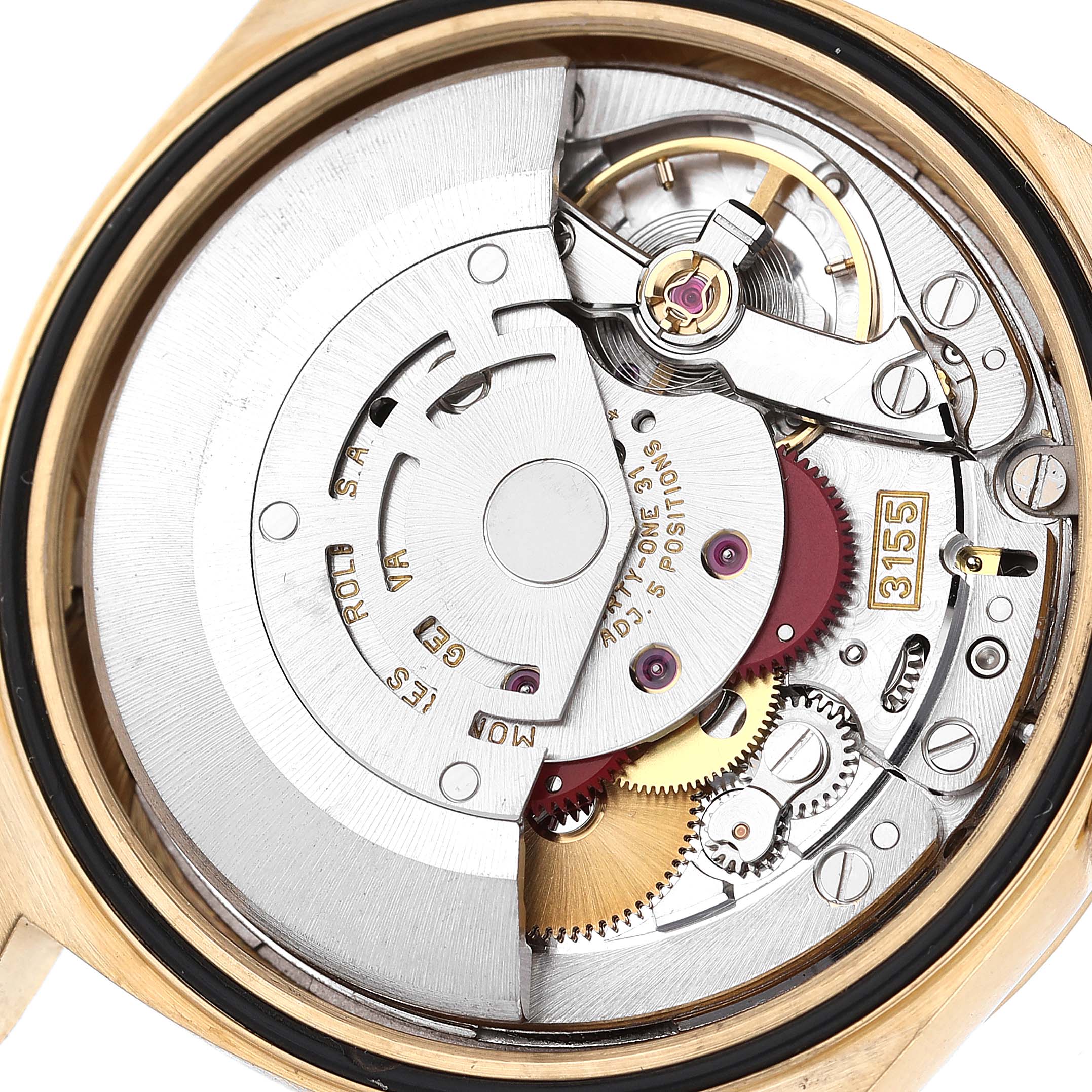 This image shows the internal mechanism of a Rolex President 18238 Men
s Yellow Gold Champagne Dial 18238 Men
s Yellow Gold Champagne Dial model watch from a back angle, highlighting the movement components.