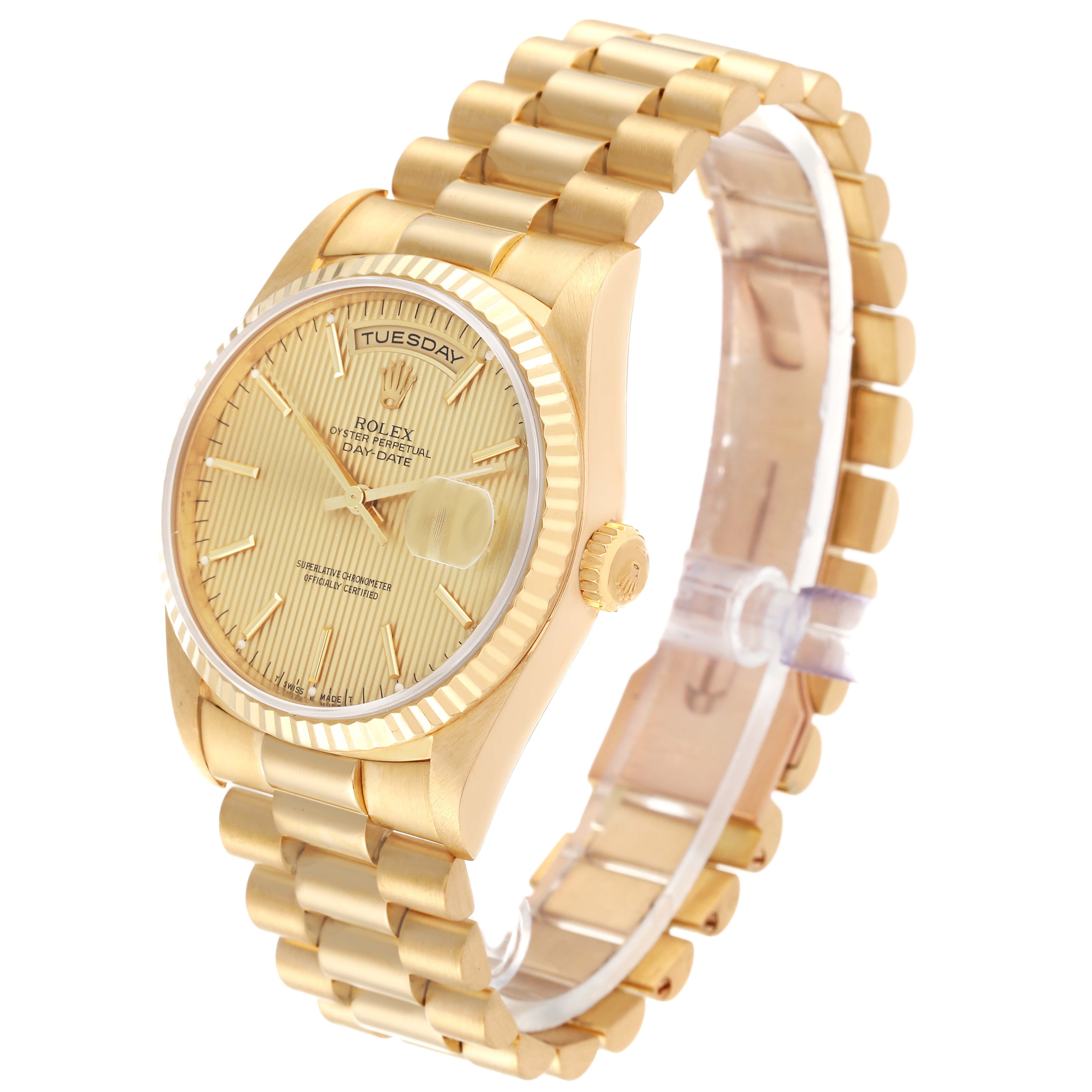 This image shows a Rolex President 18238 Men
s Yellow Gold Champagne Dial 18238 Men
s Yellow Gold Champagne Dial model watch from a three-quarter angle, highlighting the face, crown, and bracelet.