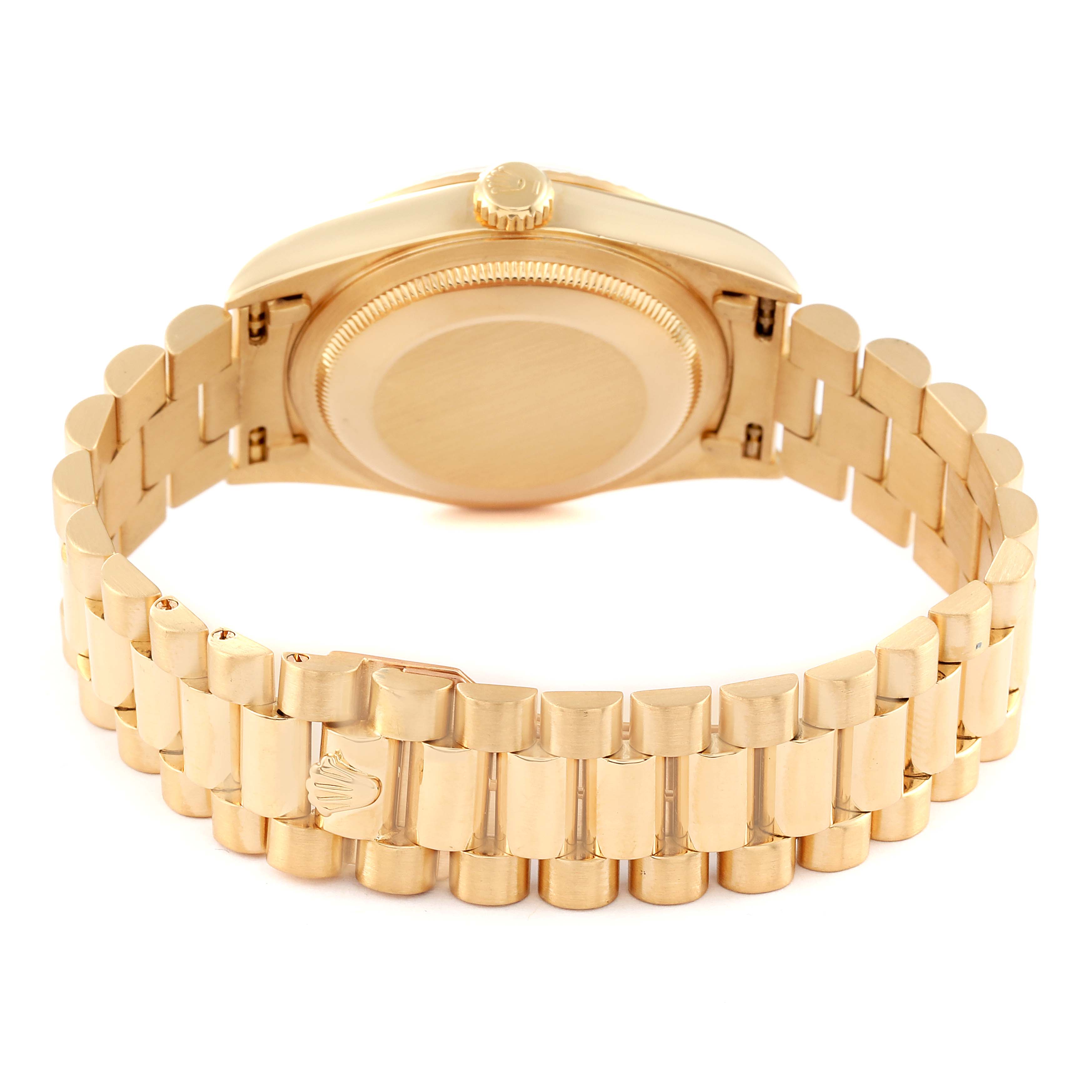 The image shows the back of a Rolex President 18238 Men
s Yellow Gold Champagne Dial 18238 Men
s Yellow Gold Champagne Dial model watch, highlighting its gold bracelet and case back.