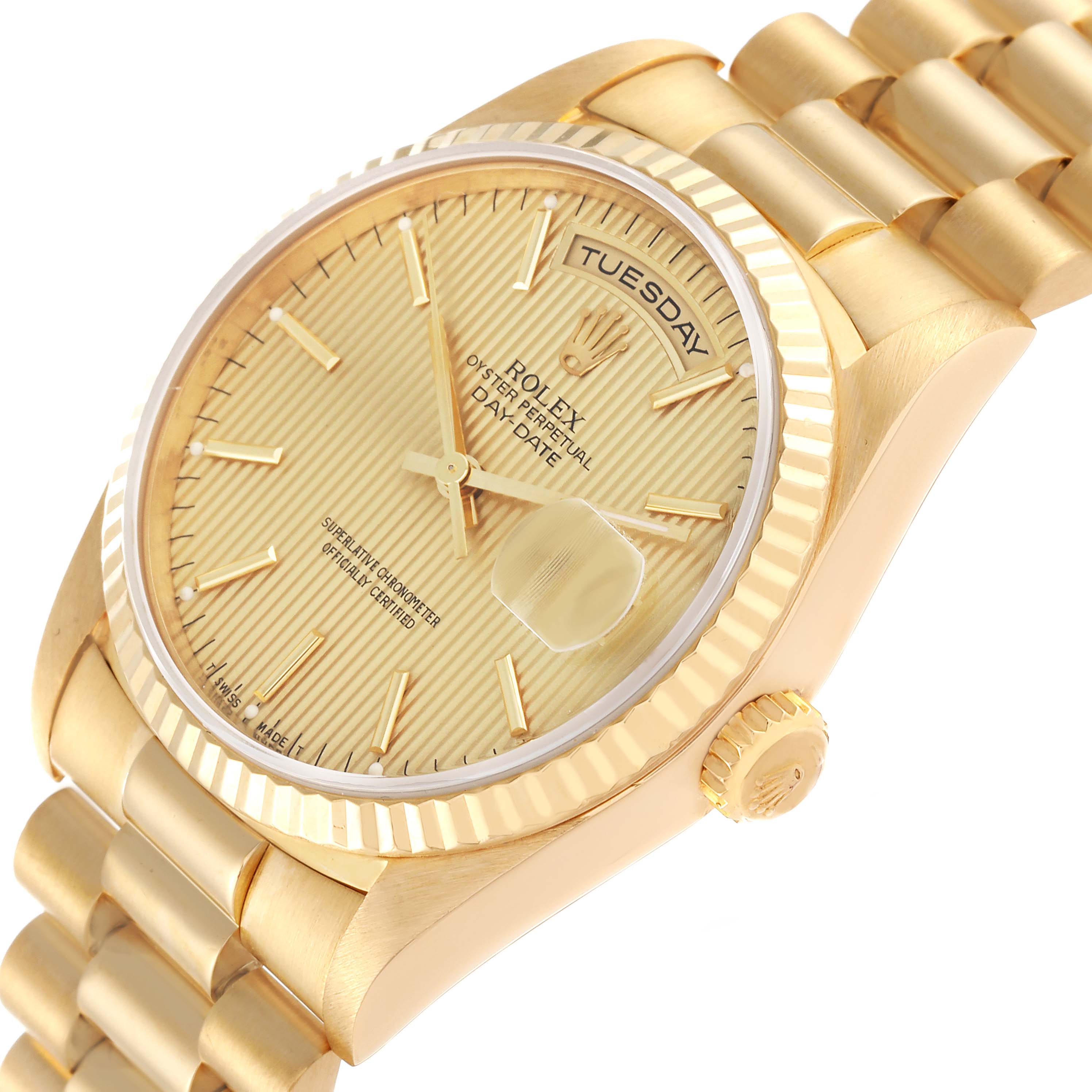 The image displays a Rolex President 18238 Men
s Yellow Gold Champagne Dial 18238 Men
s Yellow Gold Champagne Dial watch angled to show the face, bezel, and part of the bracelet.