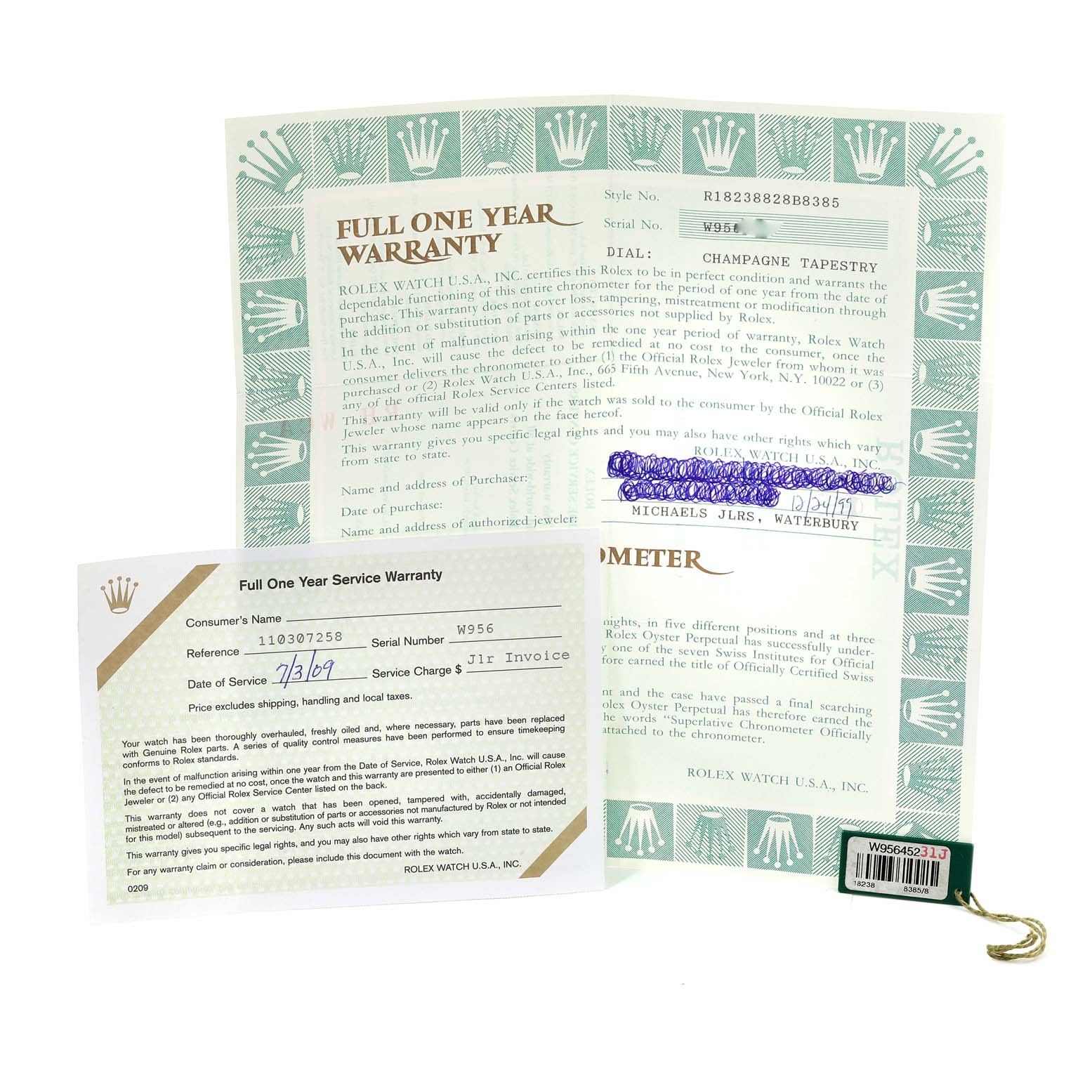 The image showcases warranty cards and a tag for the Rolex President 18238 Men
s Yellow Gold Champagne Dial 18238 Men
s Yellow Gold Champagne Dial model watch.