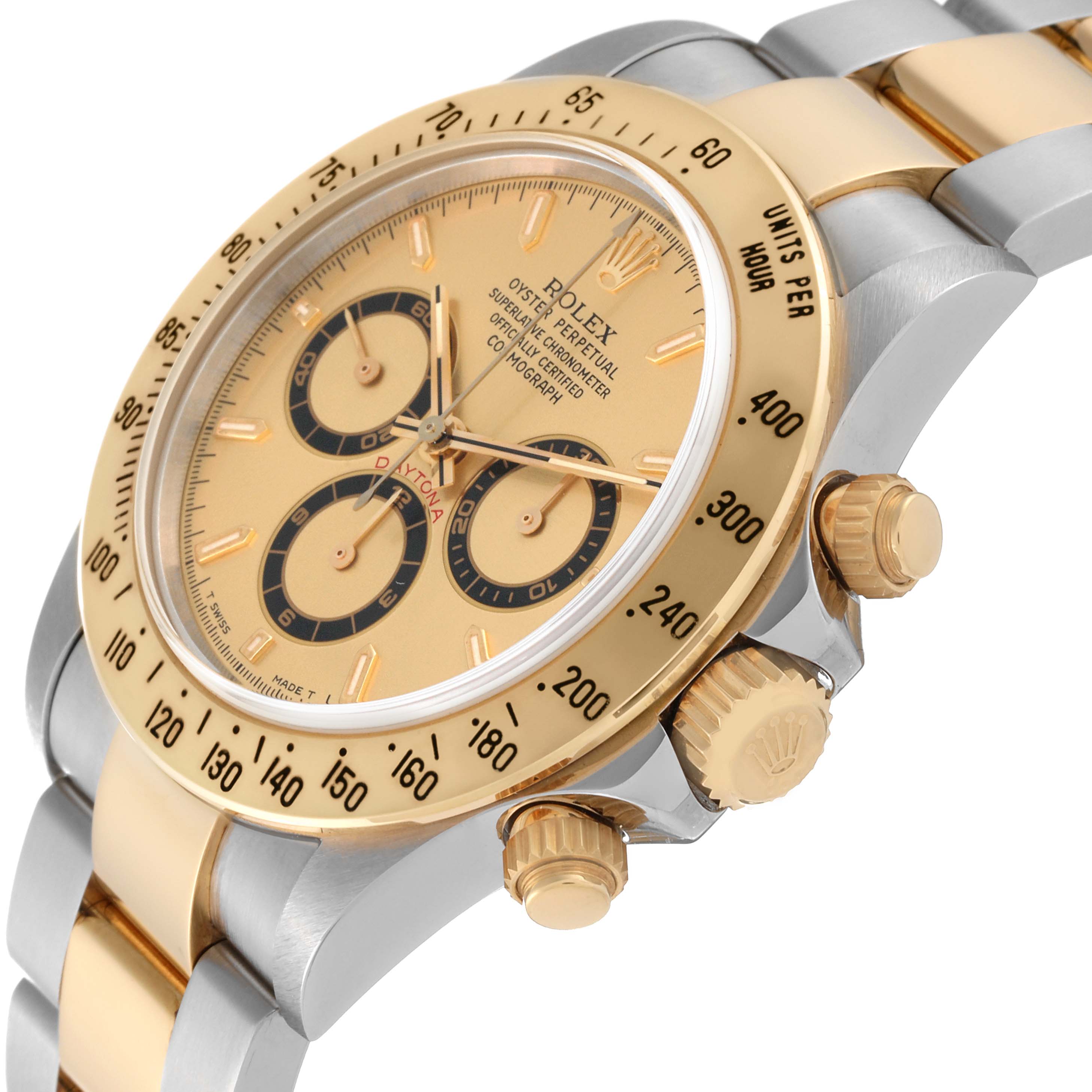 This image shows a close-up side angle of a Rolex Daytona 16523 Men's Steel and Gold (two tone) Champagne Dial 16523 Men's Steel and Gold (two tone) Champagne Dial watch, focusing on the dial, bezel, and crown.