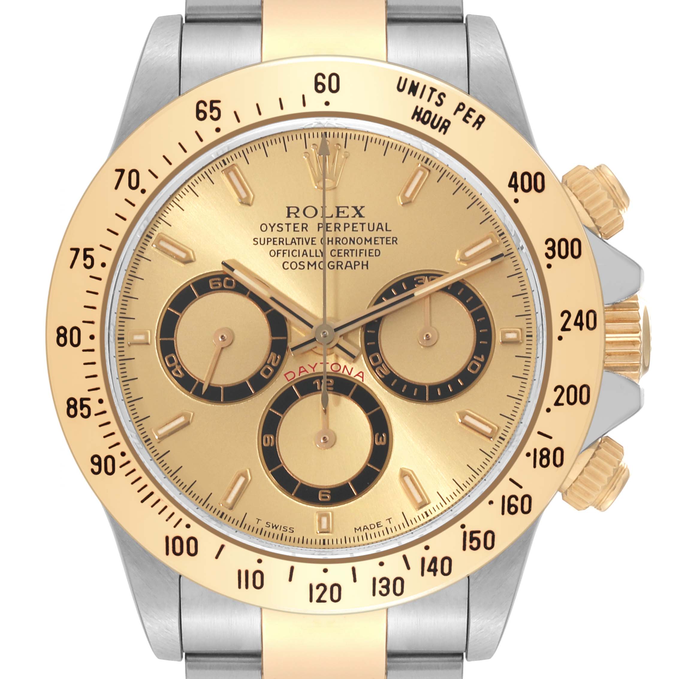 This image shows a Rolex Daytona 16523 Men's Steel and Gold (two tone) Champagne Dial 16523 Men's Steel and Gold (two tone) Champagne Dial watch face and bezel from a top-down angle, highlighting the chronograph sub-dials and gold accents.