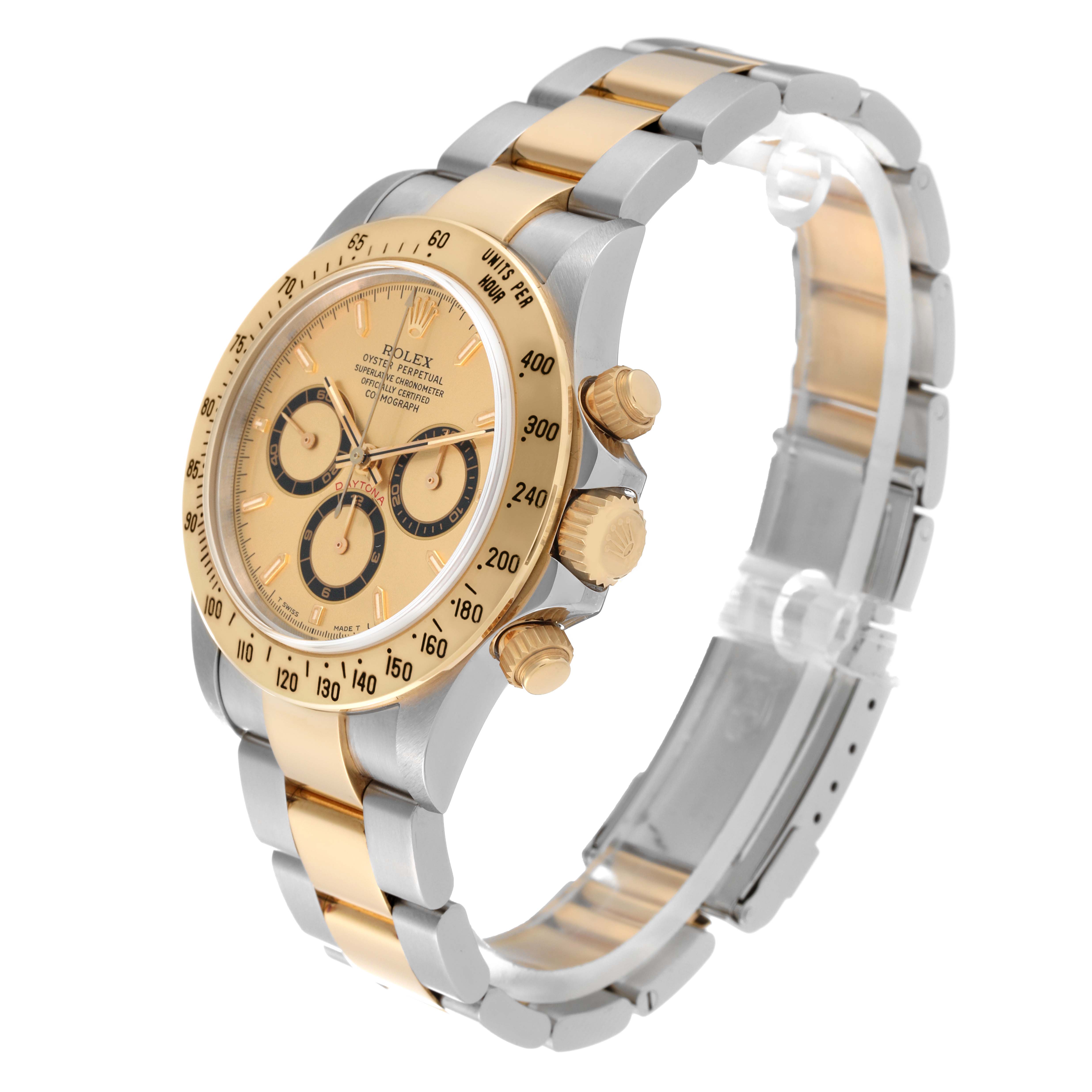 This image shows a side angle of the Rolex Daytona 16523 Men's Steel and Gold (two tone) Champagne Dial 16523 Men's Steel and Gold (two tone) Champagne Dial watch, highlighting the face, bezel, crown, and bracelet.