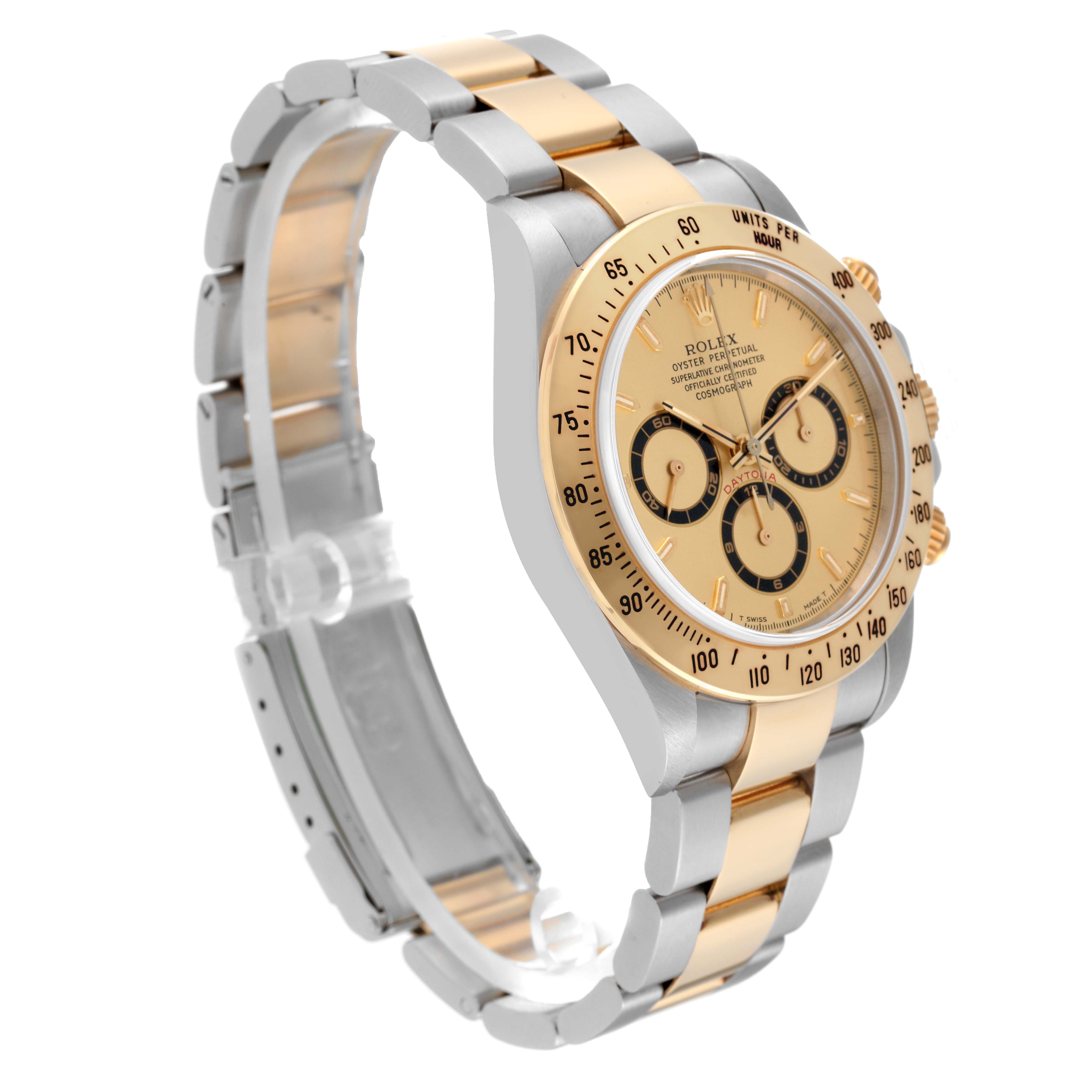 The Rolex Daytona 16523 Men's Steel and Gold (two tone) Champagne Dial 16523 Men's Steel and Gold (two tone) Champagne Dial watch is shown at a three-quarter angle highlighting its two-tone bracelet, gold bezel, and chronograph dials.