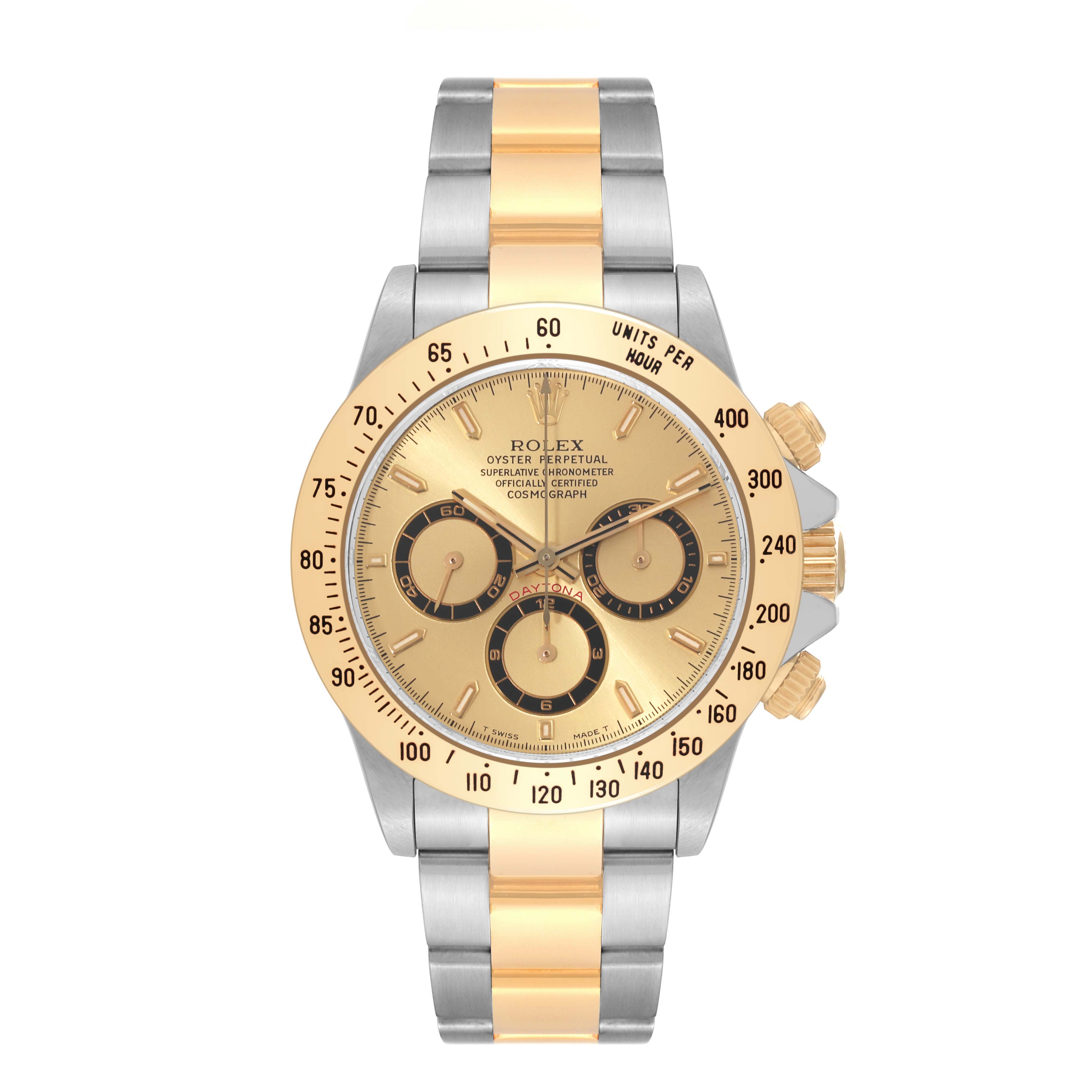 The Rolex Daytona 16523 Men's Steel and Gold (two tone) Champagne Dial 16523 Men's Steel and Gold (two tone) Champagne Dial watch is shown from the front, displaying its gold and silver bracelet, chronograph subdials, and tachymeter bezel.