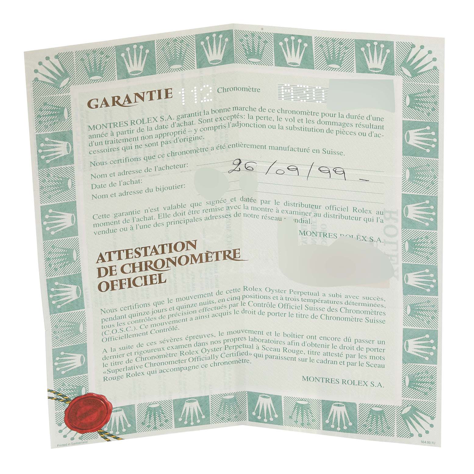 The image shows the warranty certificate for a Rolex Daytona 16523 Men's Steel and Gold (two tone) Champagne Dial 16523 Men's Steel and Gold (two tone) Champagne Dial watch, including a date of purchase and official chronometer certification details.