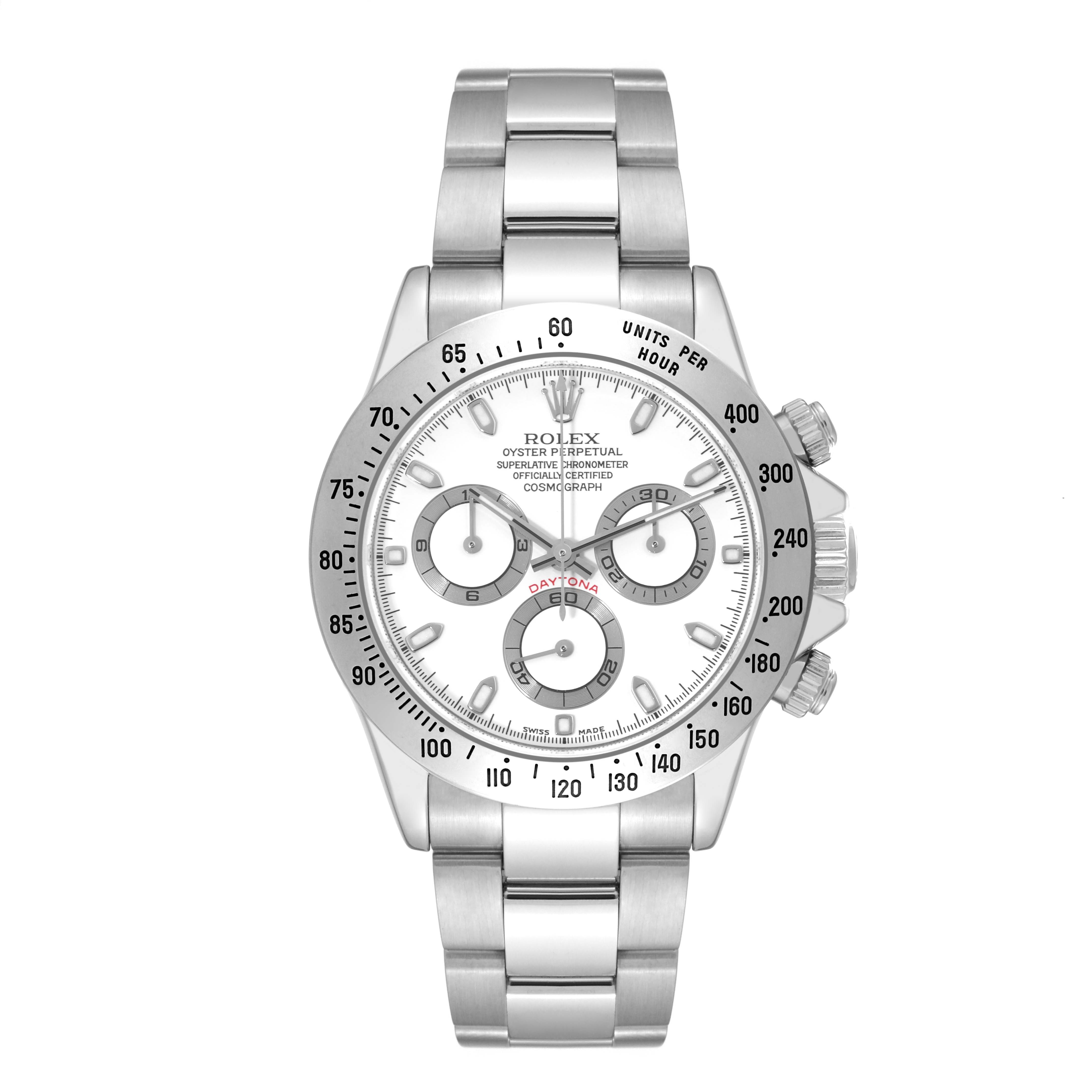 This image shows a front view of the Rolex Daytona 116520 Men's Stainless Steel White Dial 116520 Men's Stainless Steel White Dial watch, highlighting the dial, bezel, and bracelet.