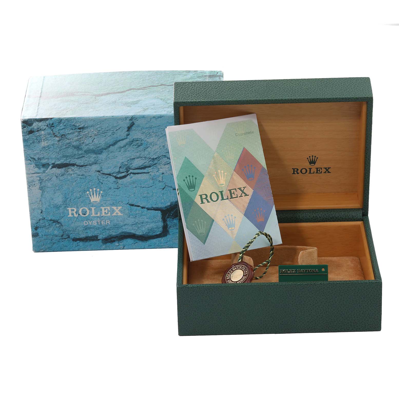 The image shows a Rolex Daytona 116520 Men's Stainless Steel White Dial 116520 Men's Stainless Steel White Dial watch box set, including the outer box, inner box, manual, and tags.